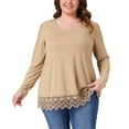 thumbnail image 1 of DARING DIVA  Women's Plus Square Neck Lace Hem Blouse 1X Khaki, 1 of 5