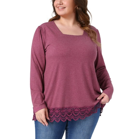 DARING DIVA Women's Plus Square Neck Long Sleeve Lace Hem Blouse 4X Fuchsia