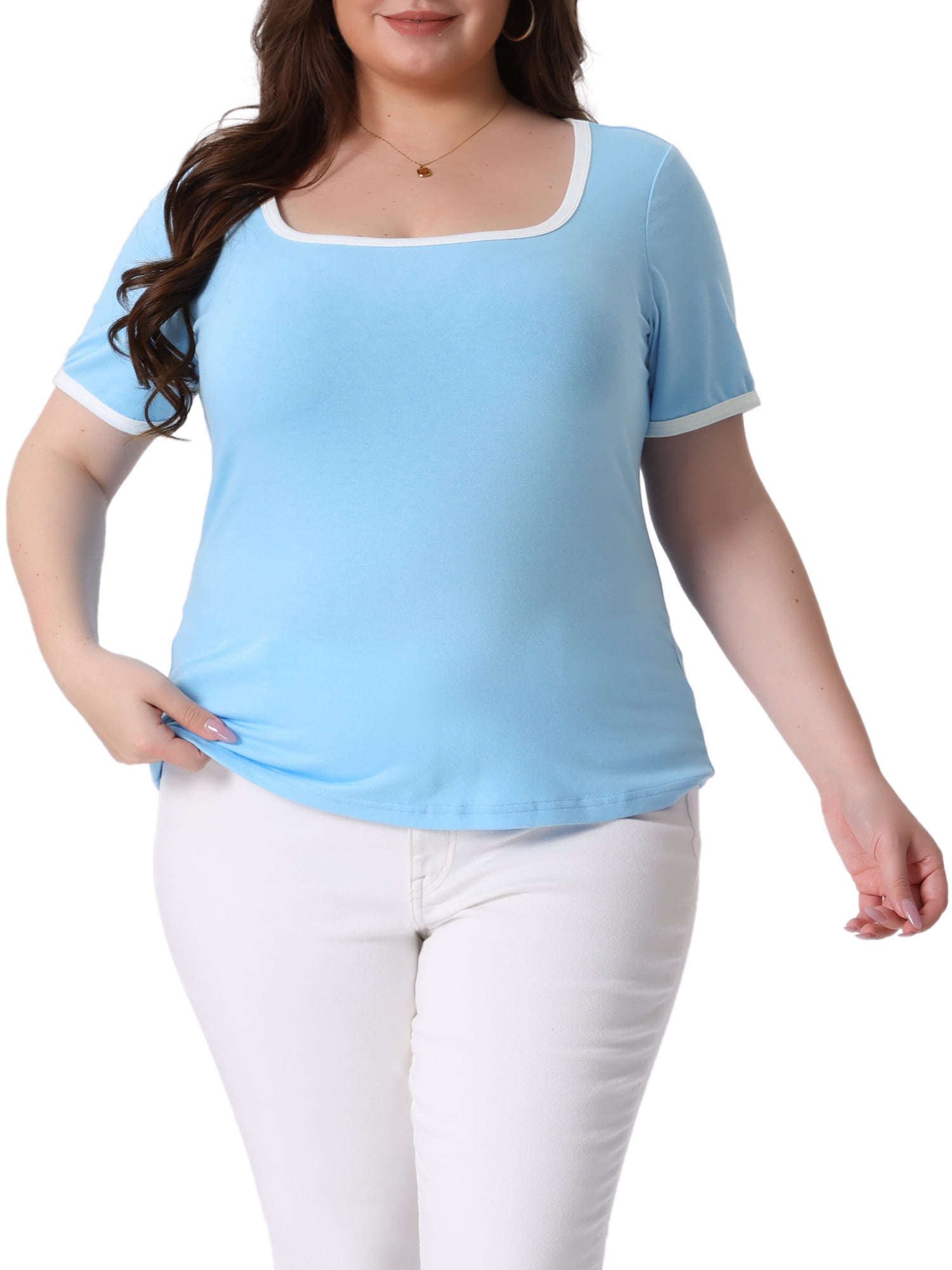 DARING DIVA Women's Plus Square Neck Ribbed Slim Fit Tee 2X Blue