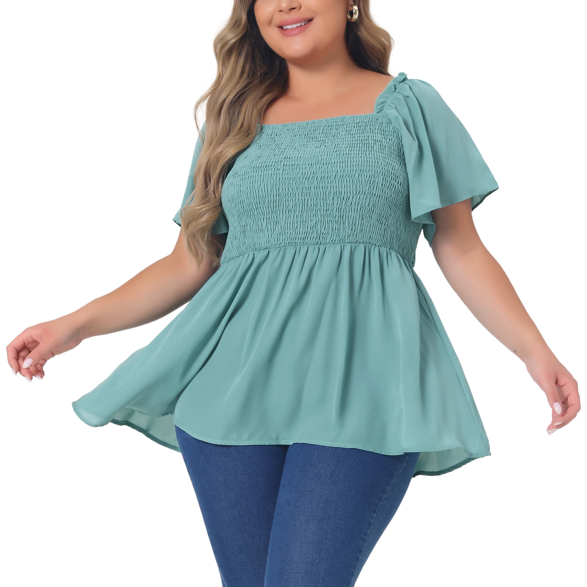 DARING DIVA Women's Plus Square Neck Ruffle Hem Blouse 3X Green