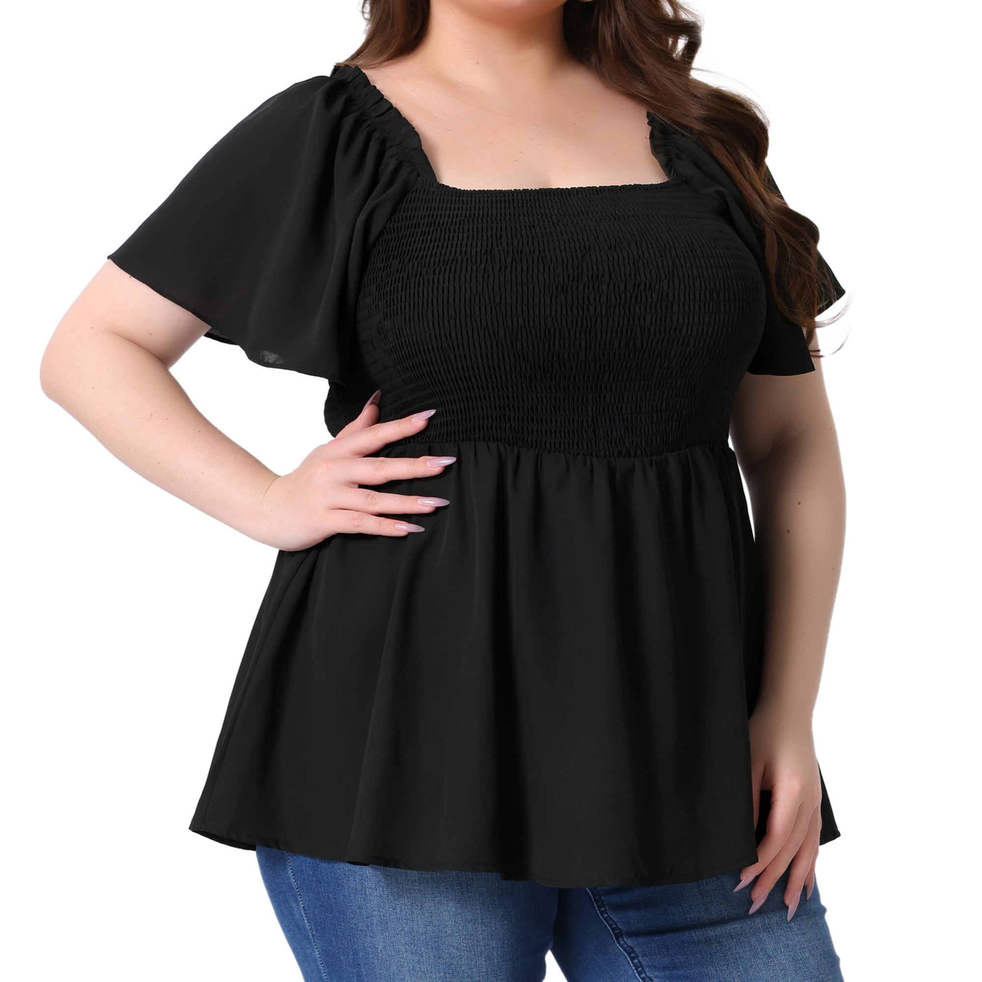 DARING DIVA Women's Plus Square Neck Ruffle Hem Blouse 4X Black