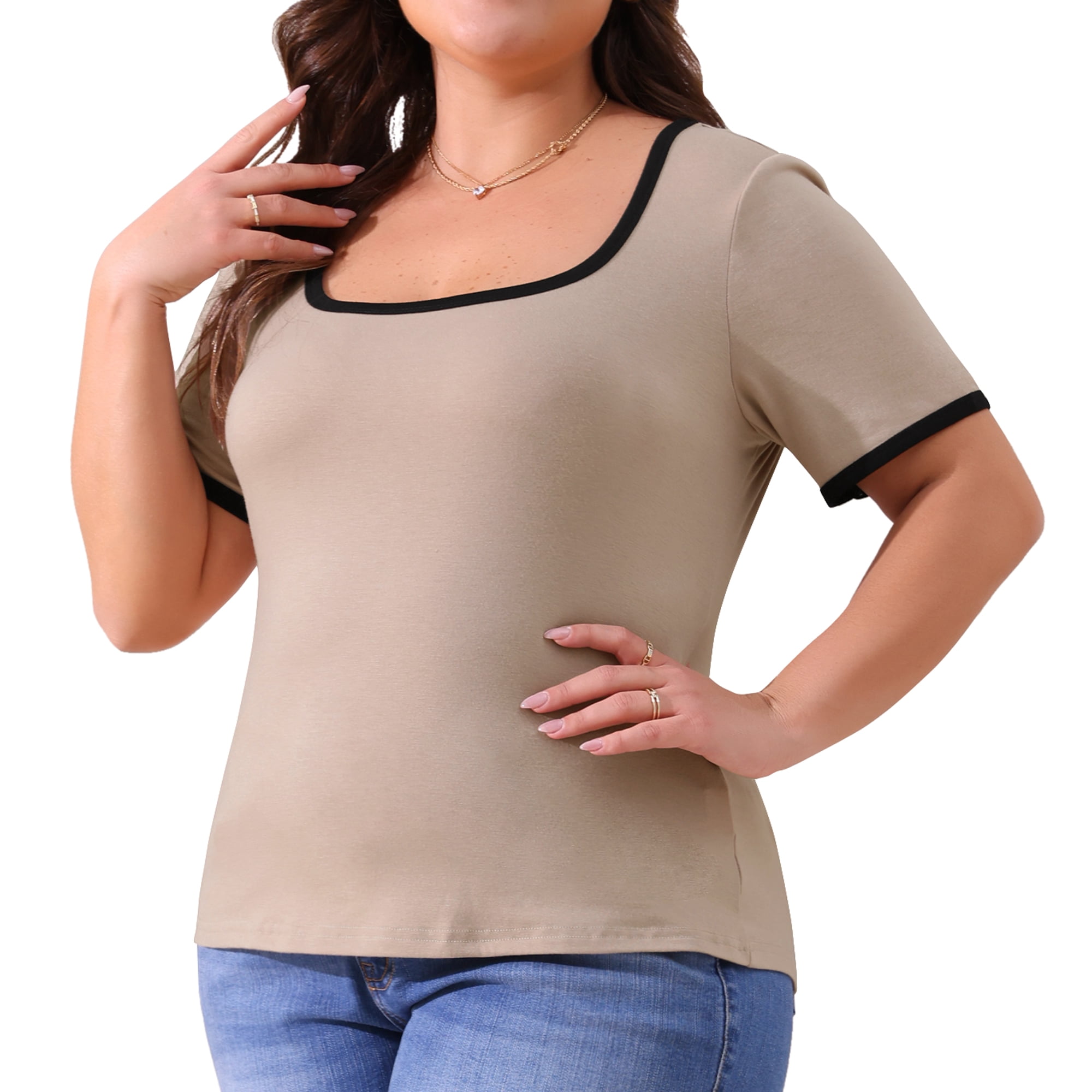 DARING DIVA Women's Plus Square Neck Ribbed Slim Fit Tee 1X Light Camel