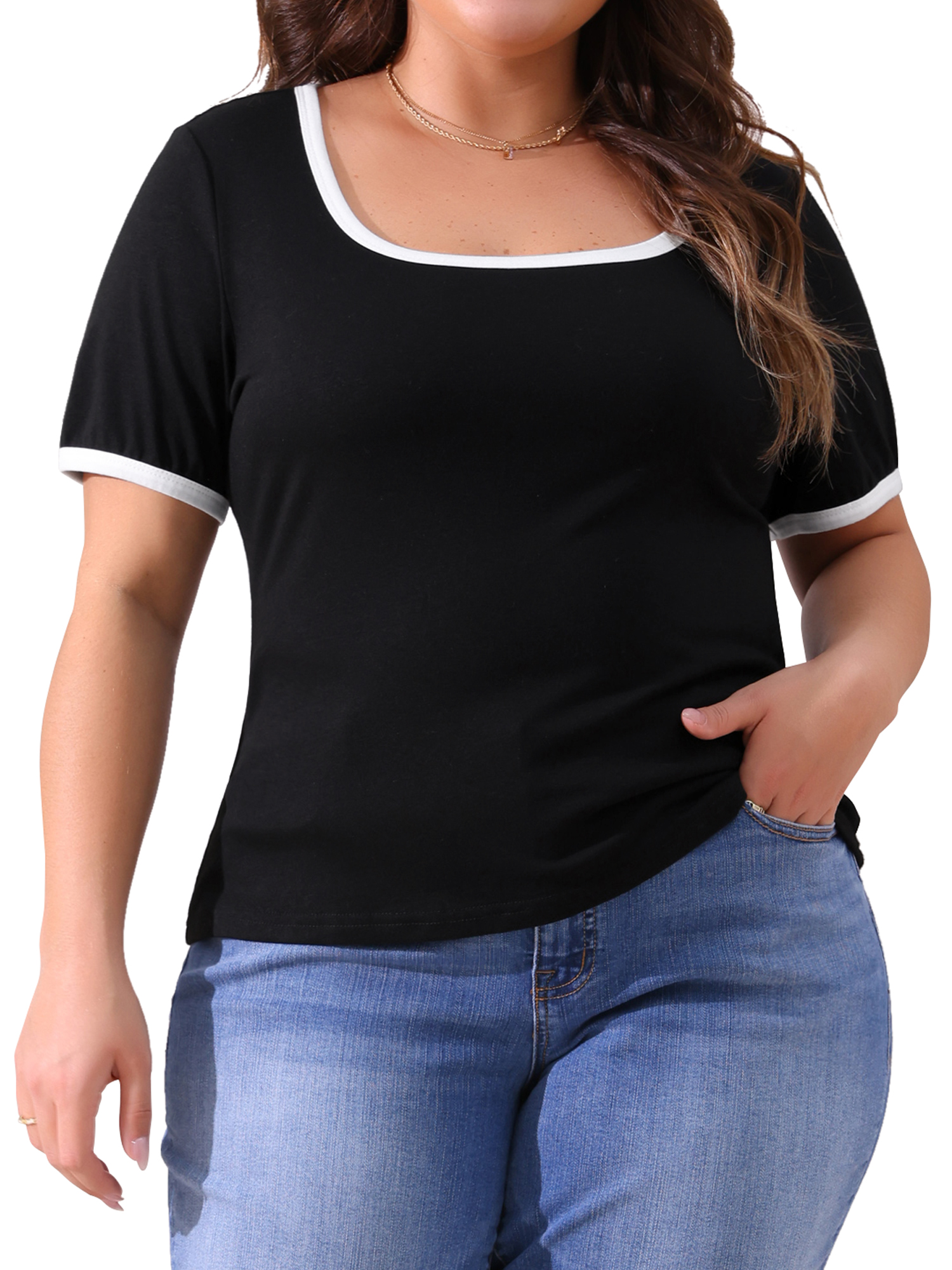 DARING DIVA Women's Plus Square Neck Ribbed Slim Fit Tee 2X Black