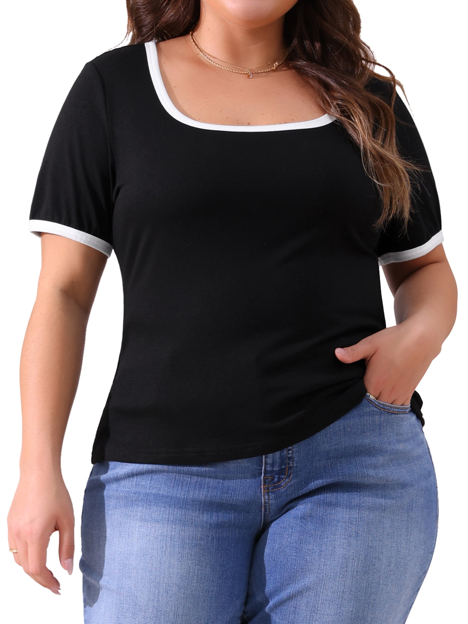DARING DIVA Women's Plus Square Neck Ribbed Slim Fit Tee 3X Black