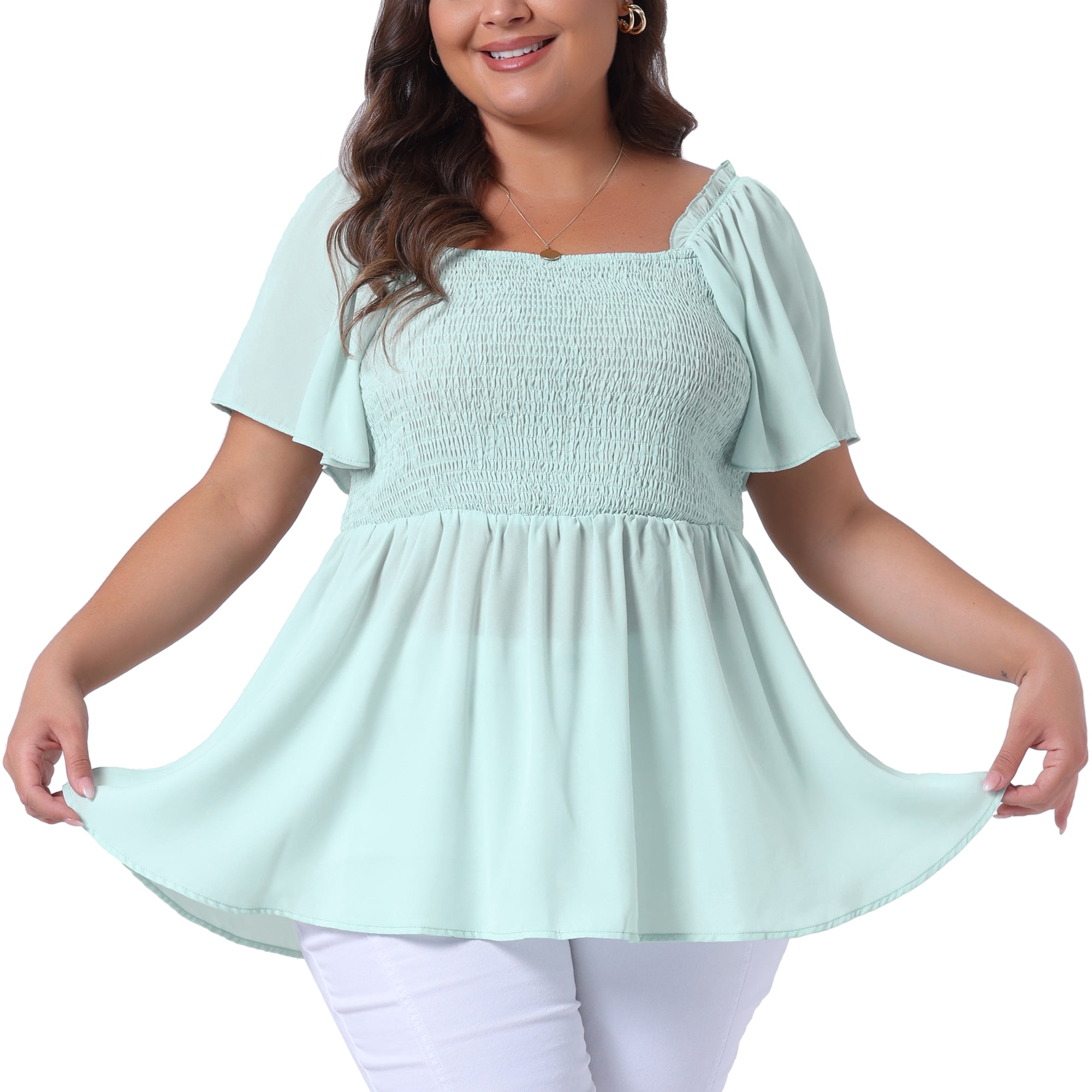 DARING DIVA Women's Plus Square Neck Ruffle Hem Blouse 4X Light Green