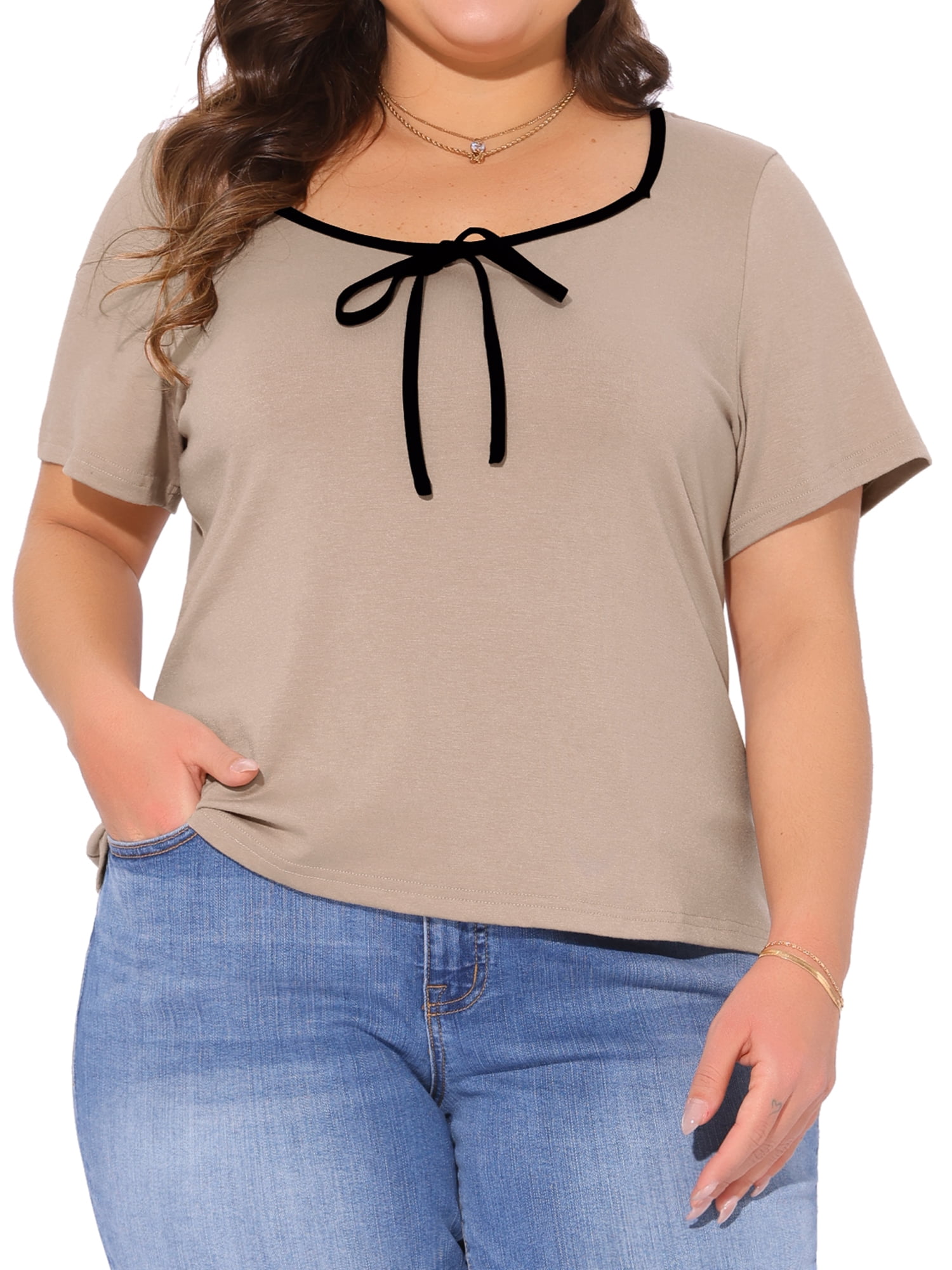 Women's Plus Blouse Sweetheart Neck Contrast Trim Tie Knot Short Sleeve Tee 1X Camel