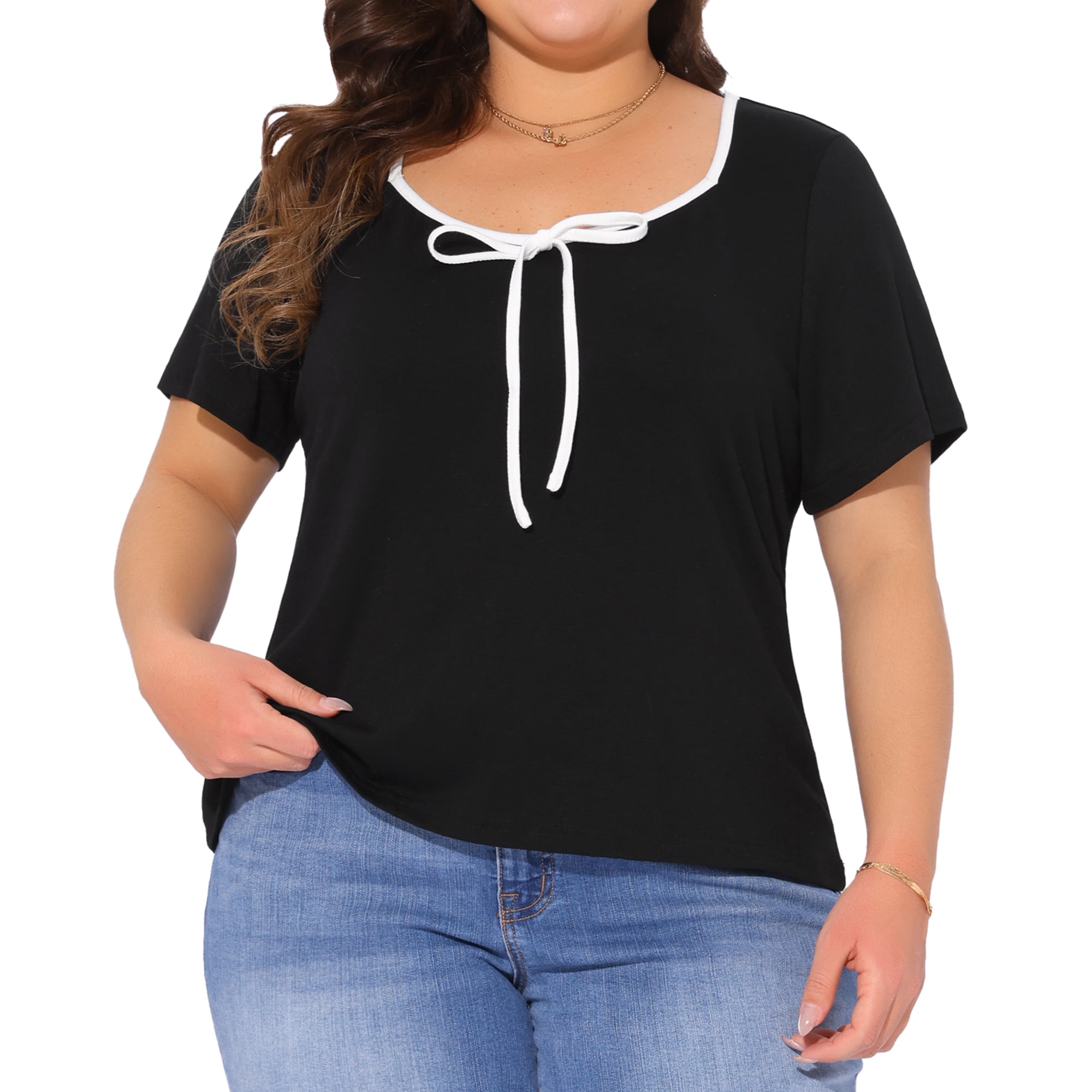 Women's Plus Blouse Sweetheart Neck Contrast Trim Tie Knot Short Sleeve Tee 2X Black