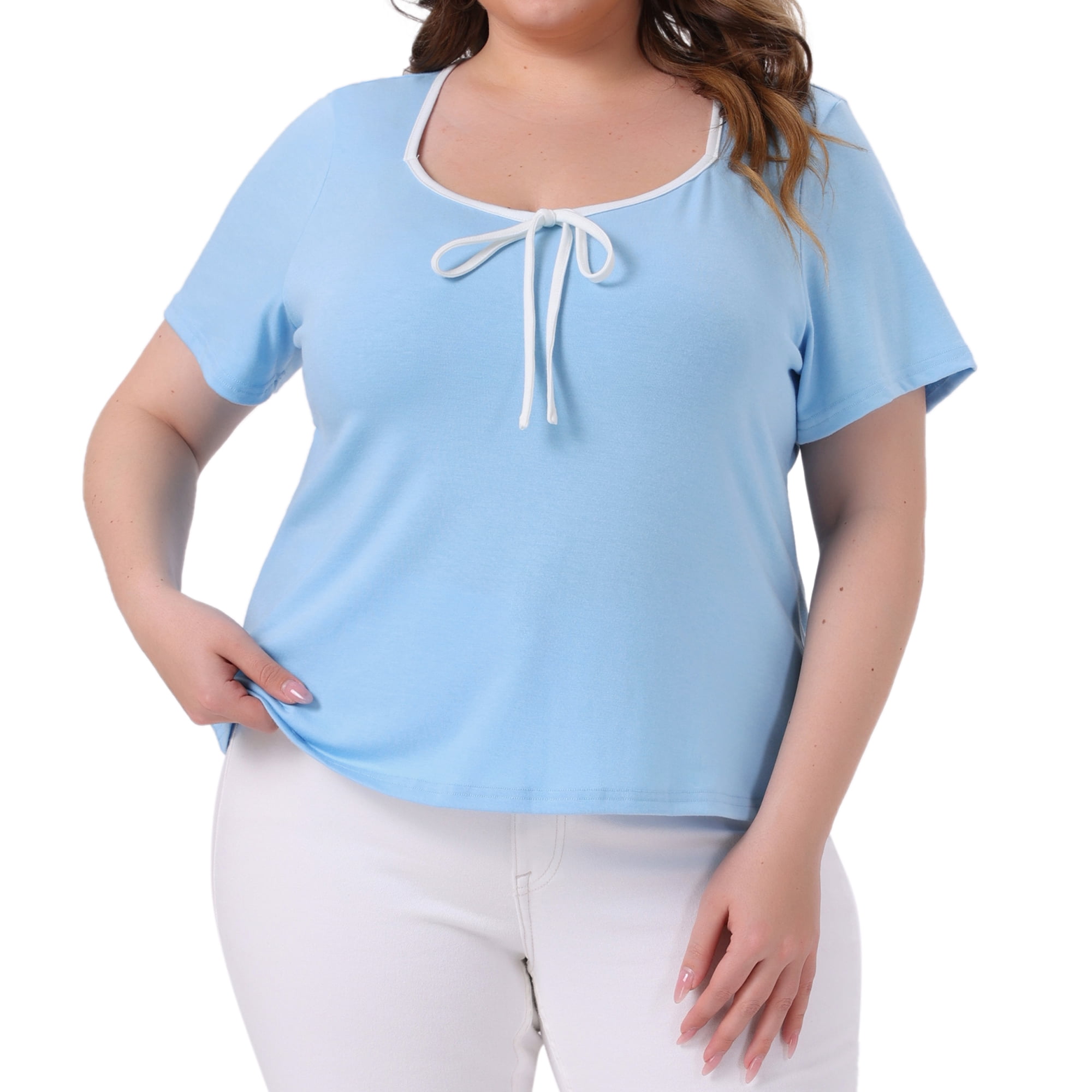 Women's Plus Blouse Sweetheart Neck Contrast Trim Tie Knot Short Sleeve Tee 3X Sky Blue