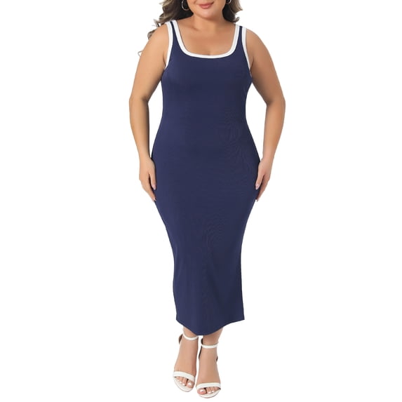DARING DIVA Women's Plus Square Neck Sleeveless Bodycon Dress with Side Slit 1X Dark Blue