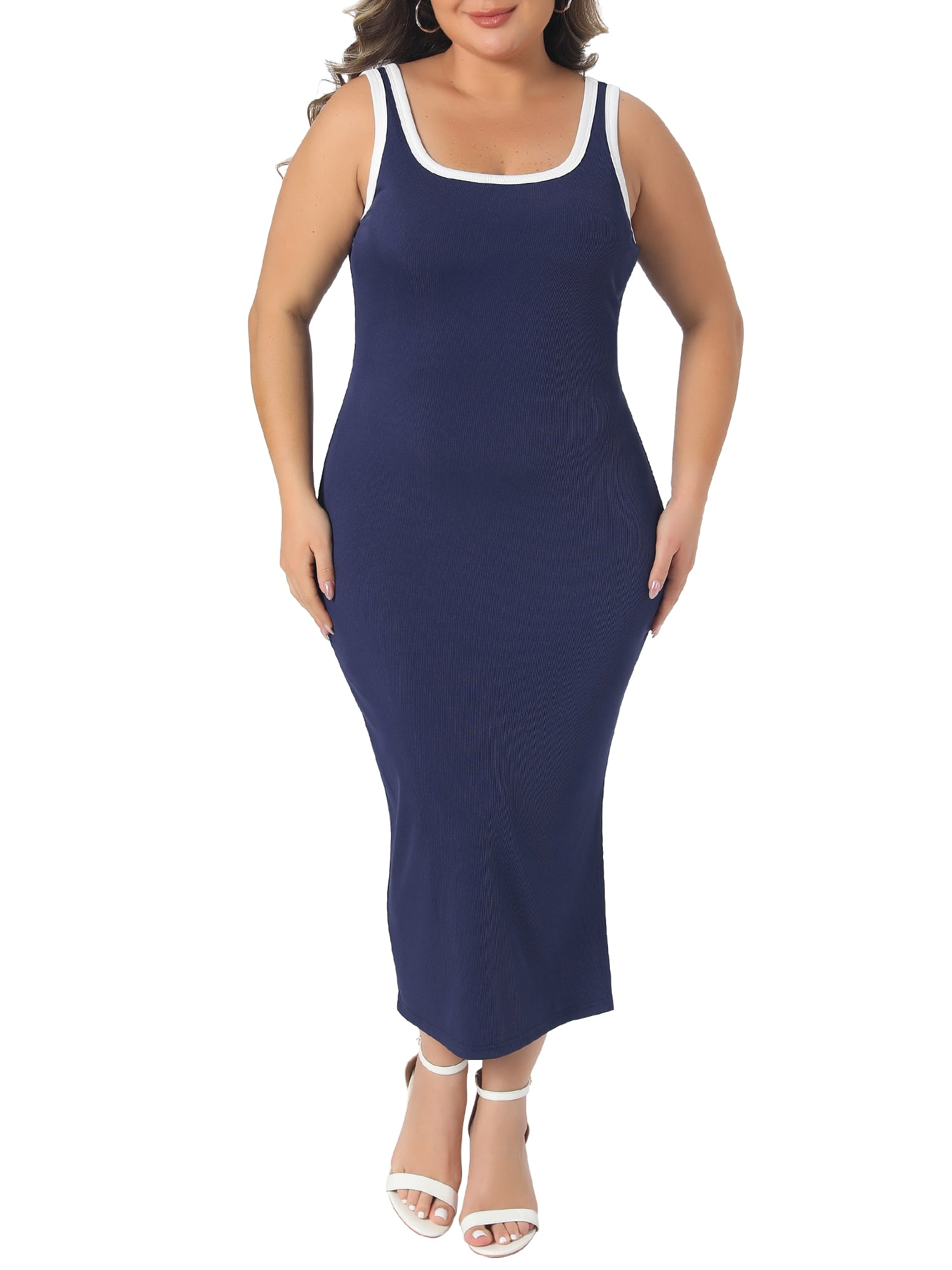 DARING DIVA Women's Plus Square Neck Sleeveless Bodycon Dress with Side Slit 4X Dark Blue