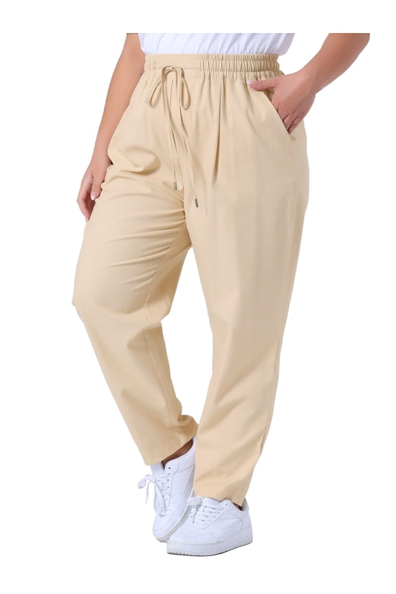 Women's Plus Straight Leg Elastic Loose Pockets Trousers Light Khaki 3X