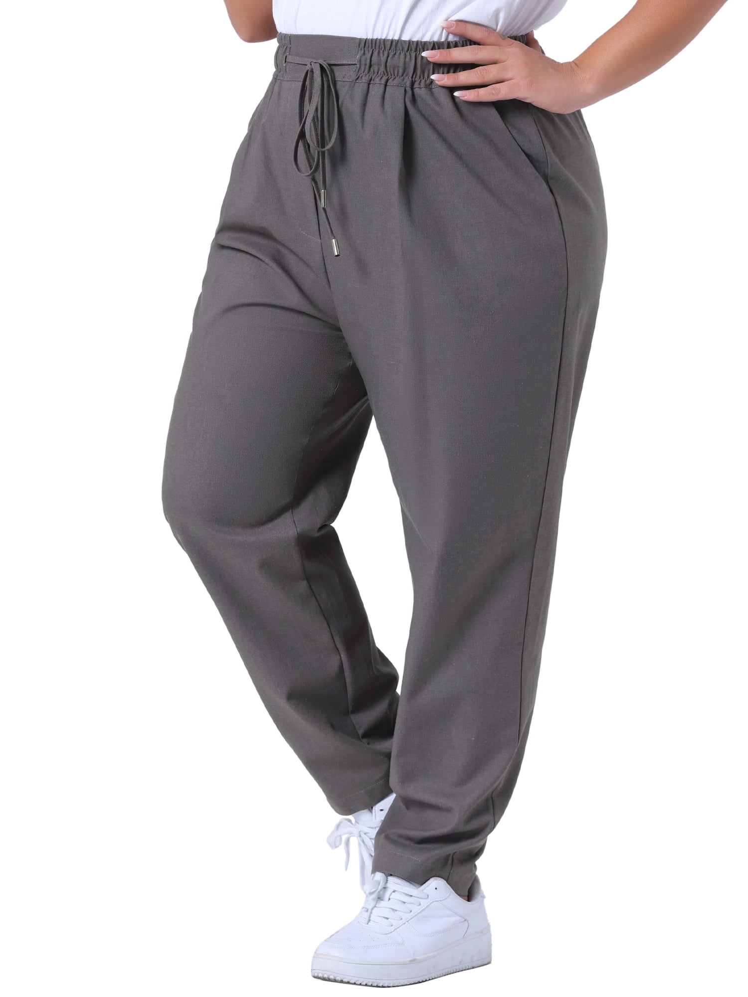 DARING DIVA Women's Plus Straight Leg Elastic Loose Pockets Trousers Grey 4X