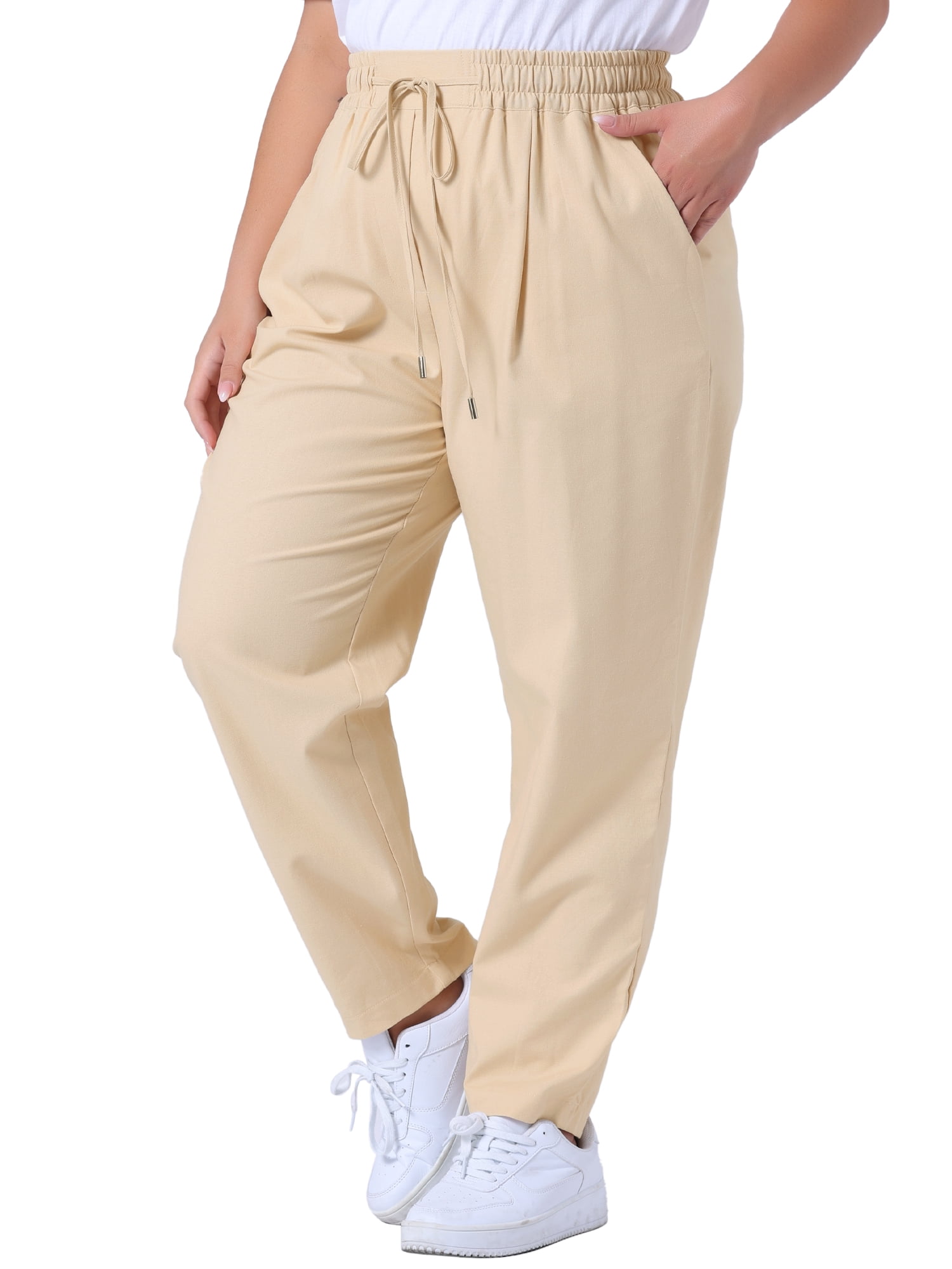 DARING DIVA Women's Plus Straight Leg Elastic Loose Pockets Trousers Light Khaki 4X