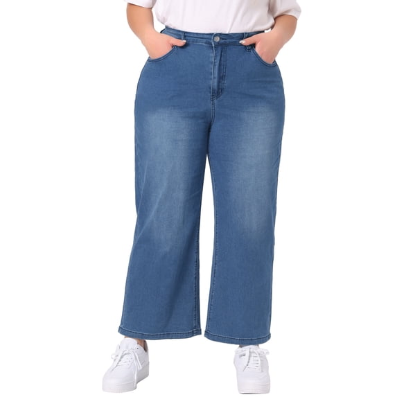 DARING DIVA Women's Plus Stretchy Washed Button Wide Leg Jeans Palazzo Pants 1X Blue