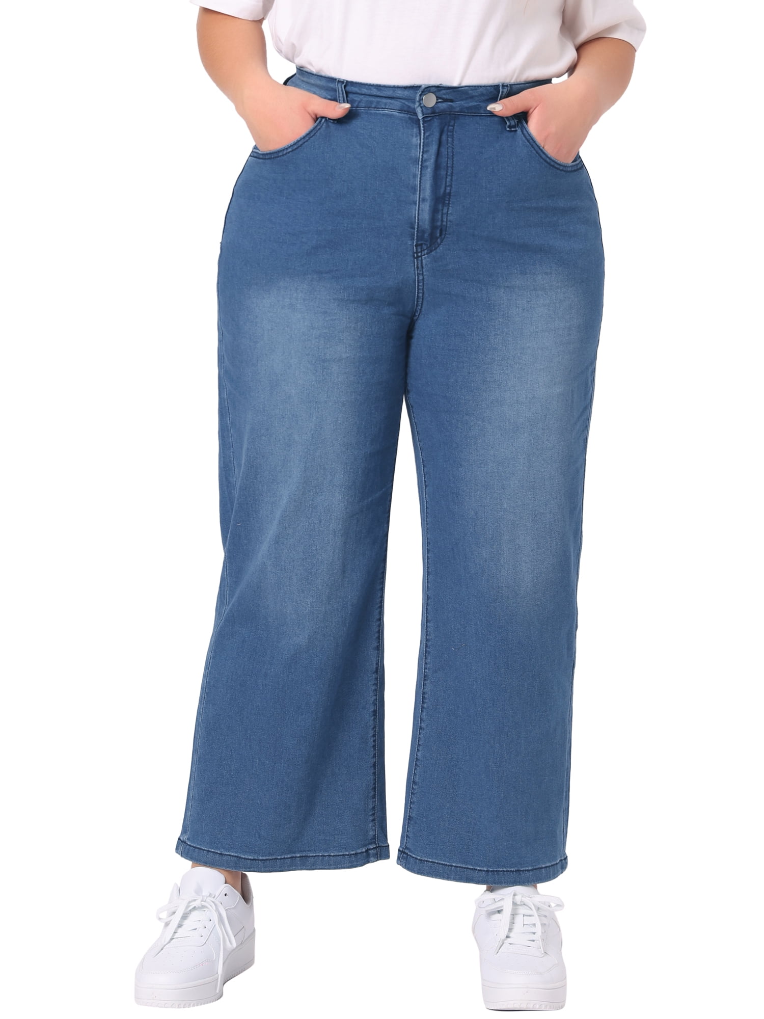 DARING DIVA Women's Plus Stretchy Washed Button Wide Leg Jeans Palazzo Pants 3X Blue