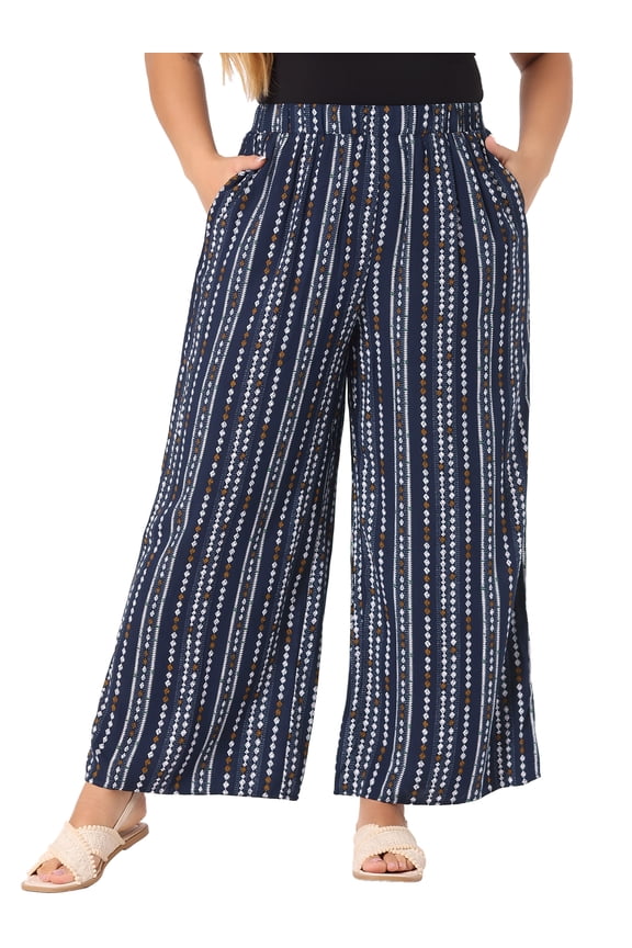 Women's Plus Stripe Boho Wide Leg Paper Bag Pants 3X Navy Blue