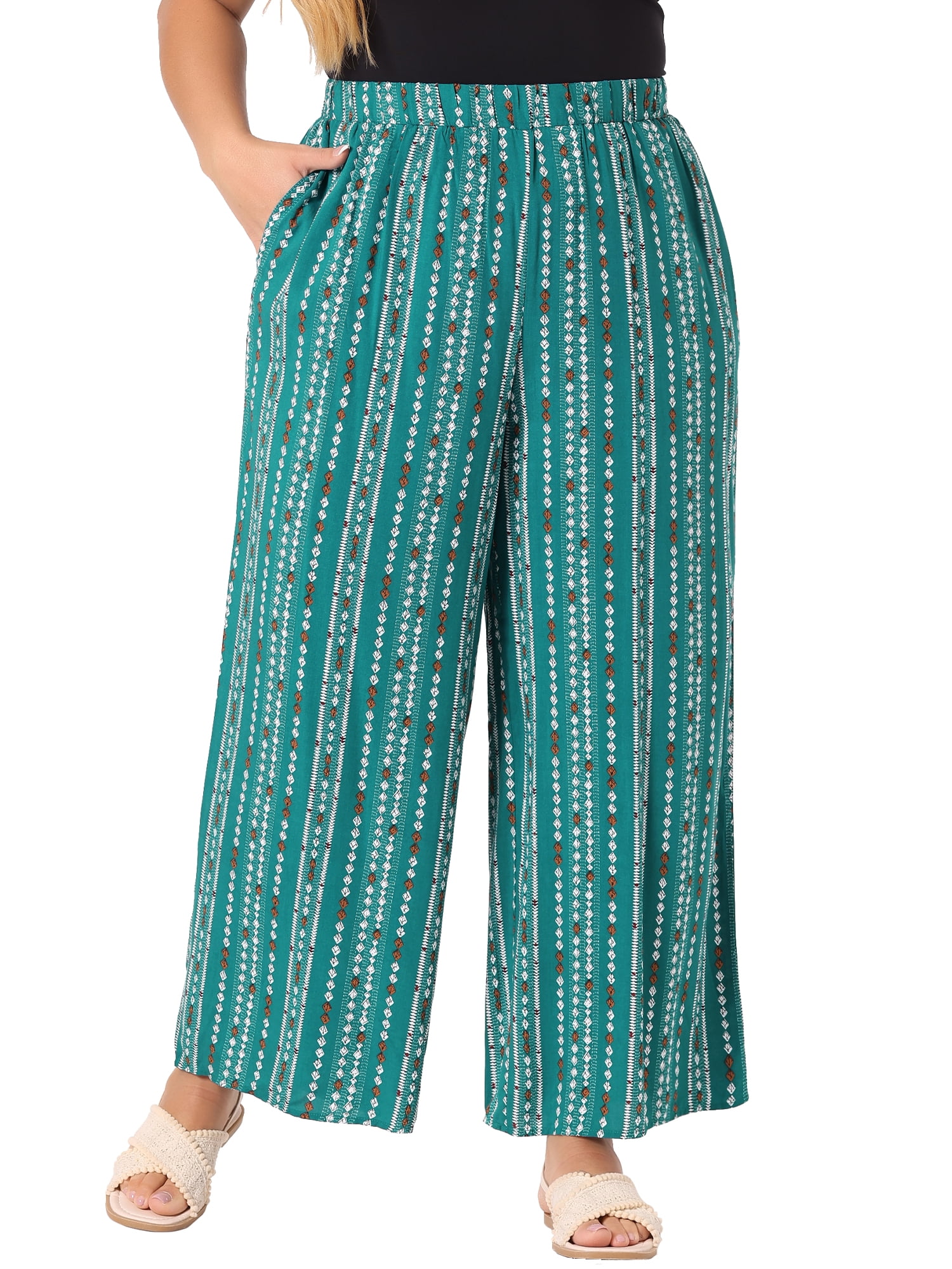 DARING DIVA Women's Plus Stripe Boho Wide Leg Paper Bag Pants 4X Lake Blue