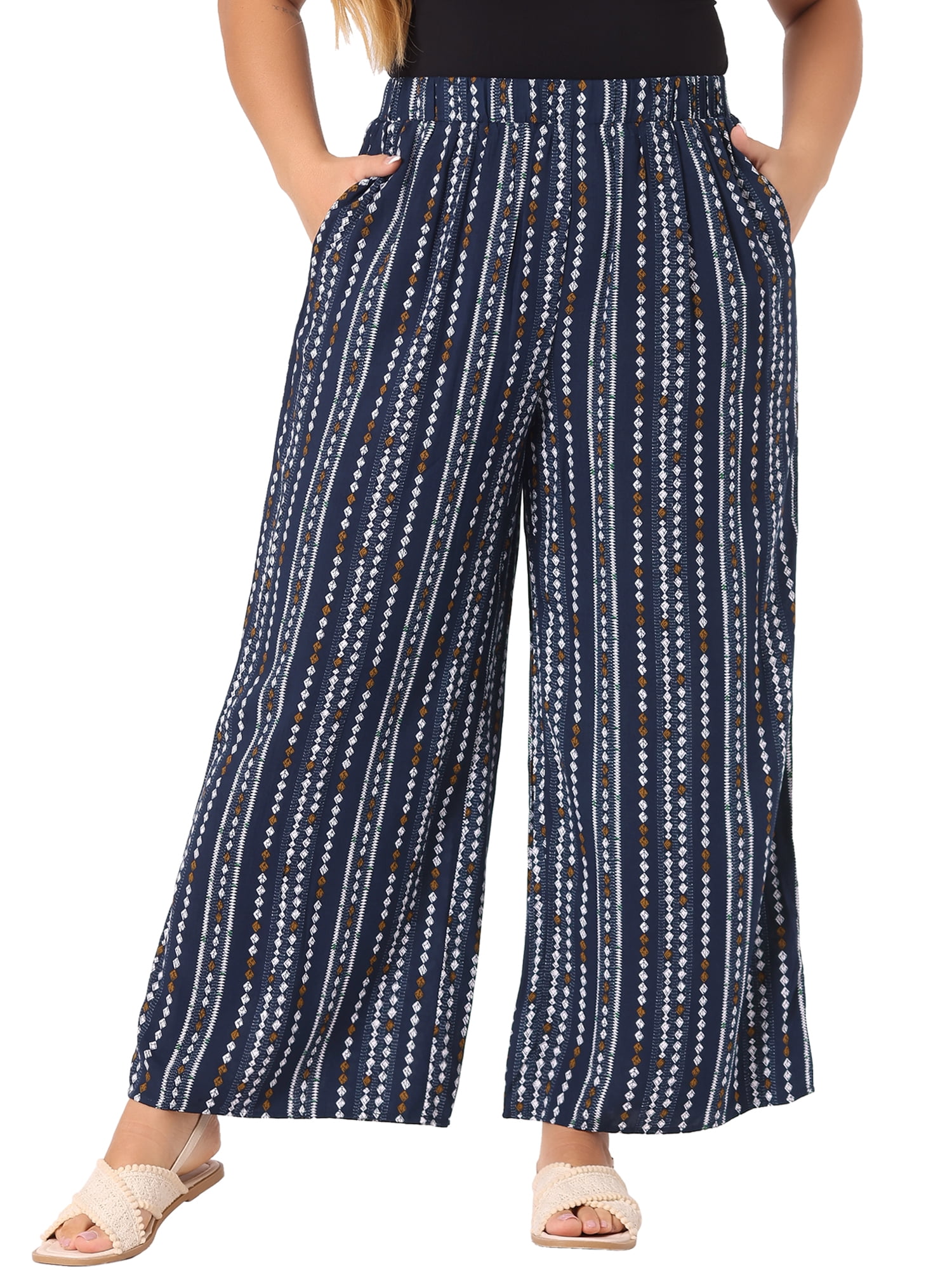 DARING DIVA Women's Plus Stripe Boho Wide Leg Paper Bag Pants 4X Navy Blue