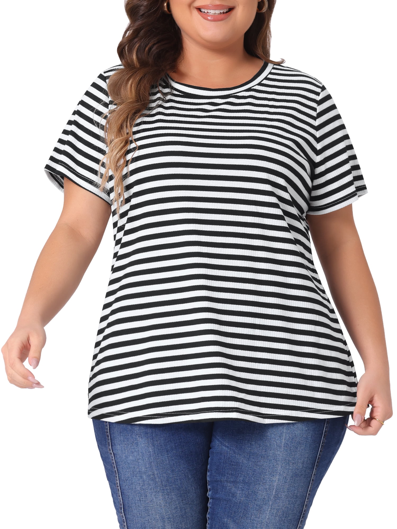 Unique Bargains Women's Plus Size Short Sleeve Crew Neck Striped Top 2X Black White