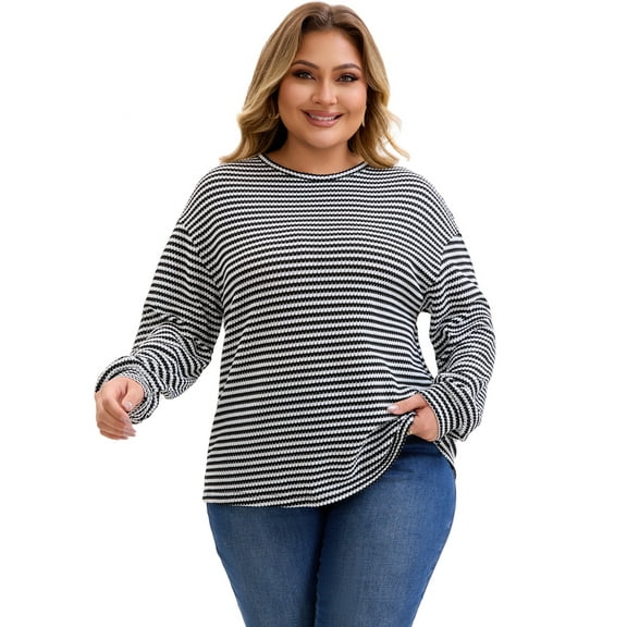 DARING DIVA Women's Plus Striped Crew Neck Long Sleeve Blouse 2X Black