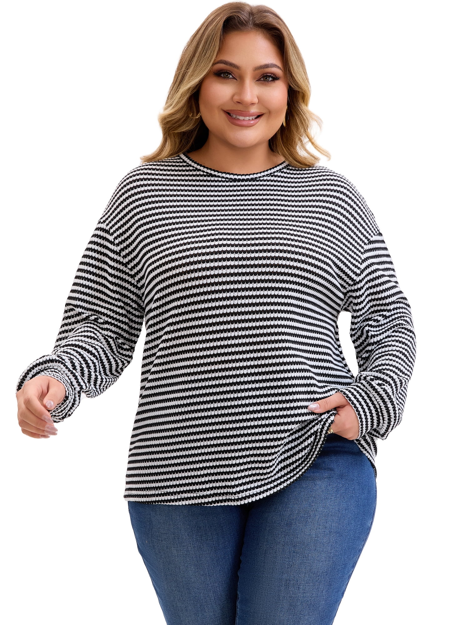 DARING DIVA Women's Plus Striped Crew Neck Long Sleeve Blouse 4X Black