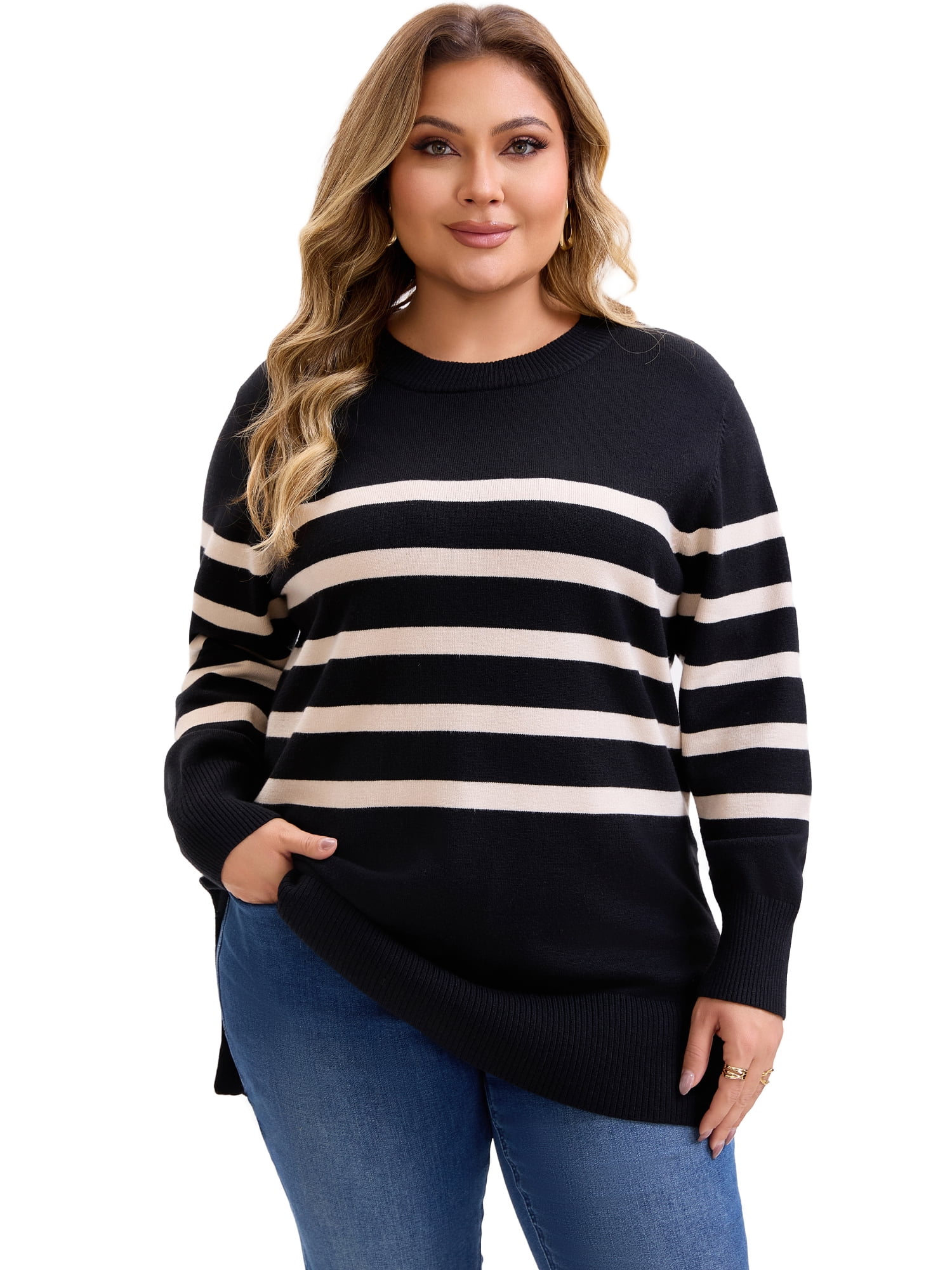 DARING DIVA Women's Plus Striped Long Sleeve Crewneck Pullover Sweater 1X Black
