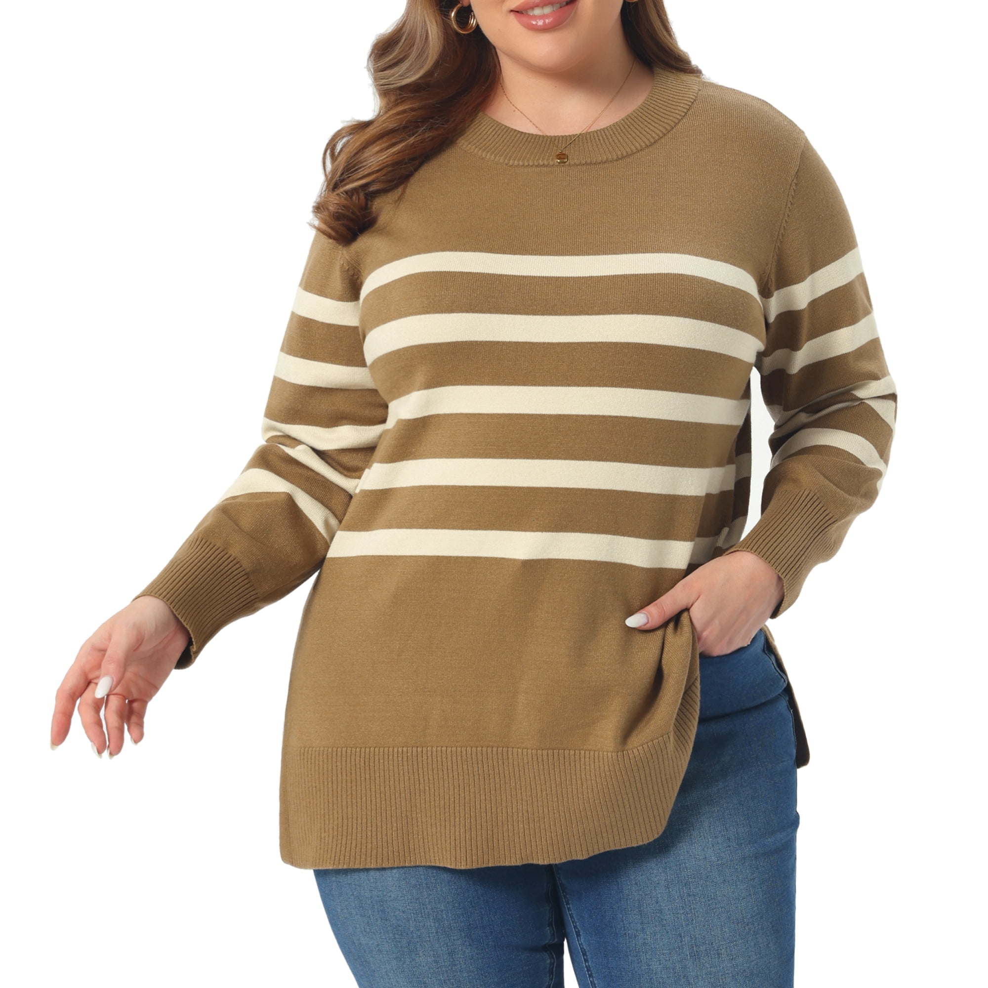 DARING DIVA Women's Plus Striped Long Sleeve Crewneck Pullover Sweater 1X Camel