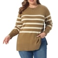 thumbnail image 1 of DARING DIVA Women's Plus Striped Long Sleeve Crewneck Pullover Sweater 1X Camel, 1 of 6