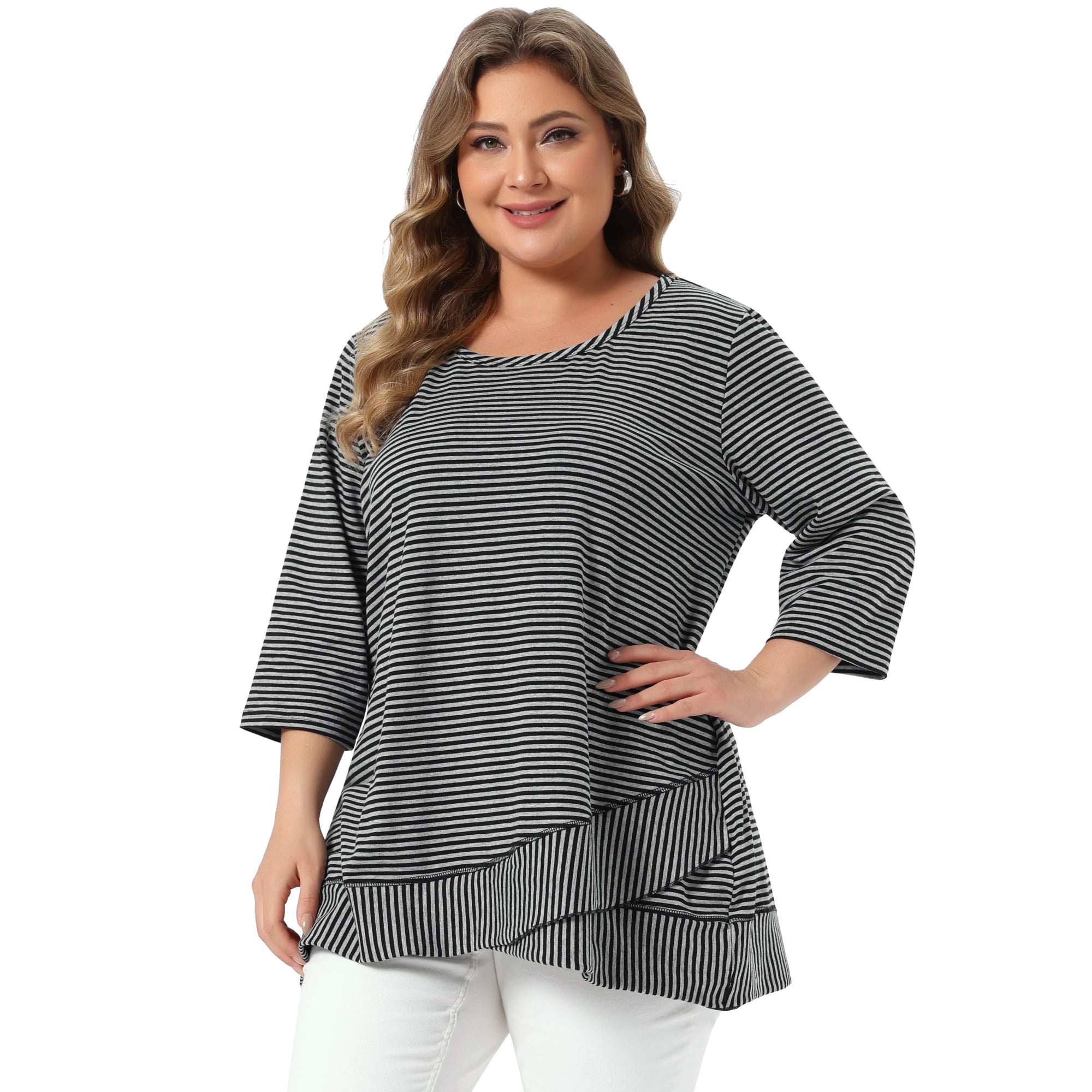 DARING DIVA Women's Plus Striped Loose Tunic Top Scoop Neck High Low Hem Blouse 3X Gray