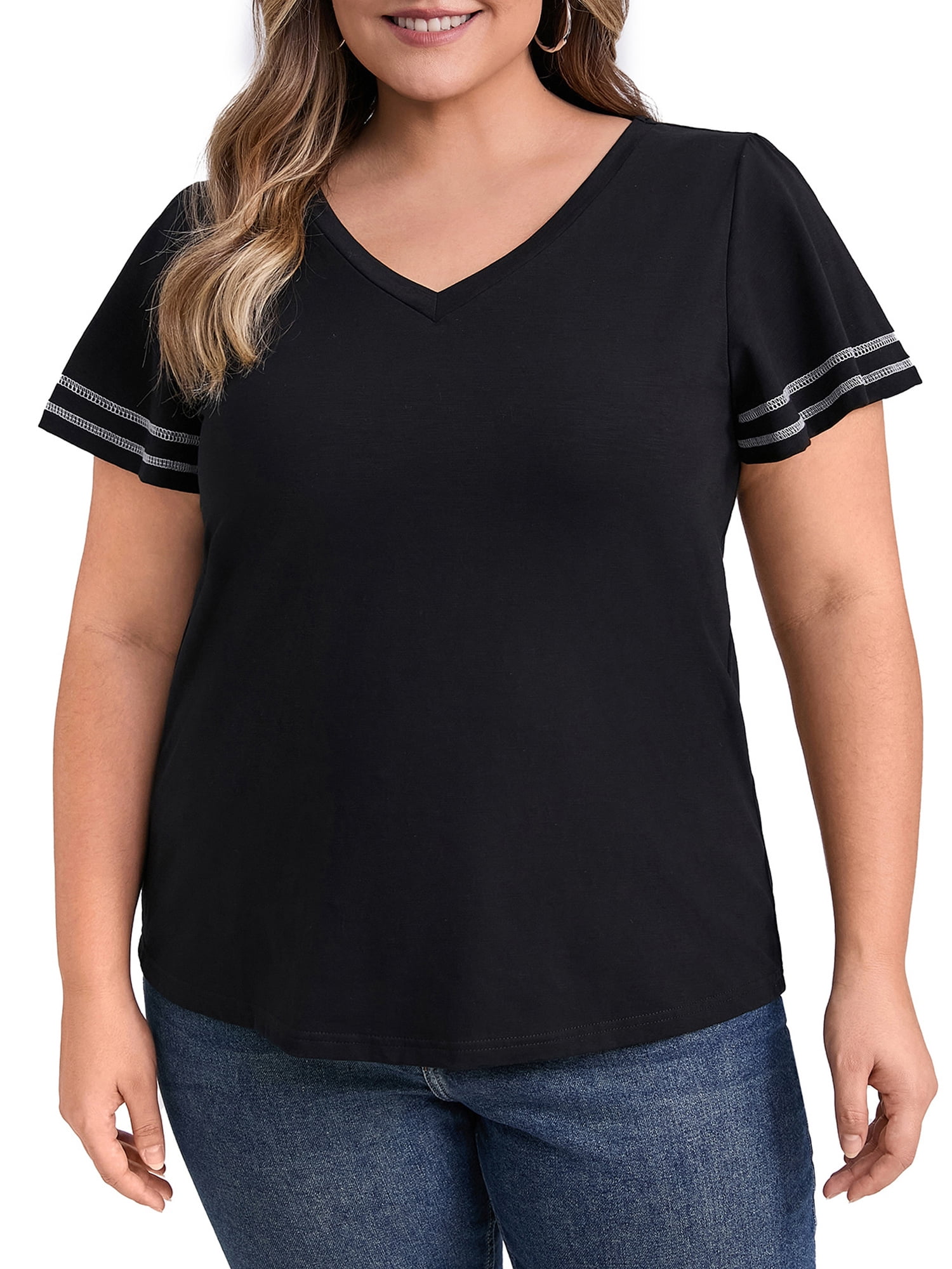 DARING DIVA Women's Plus Striped T Shirts Loose Fit Color Block Blouses 4X Black