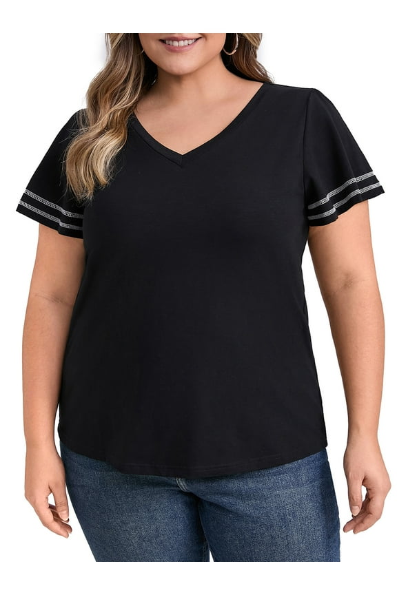 Women's Plus Striped T Shirts Loose Fit Color Block Blouses 4X Black
