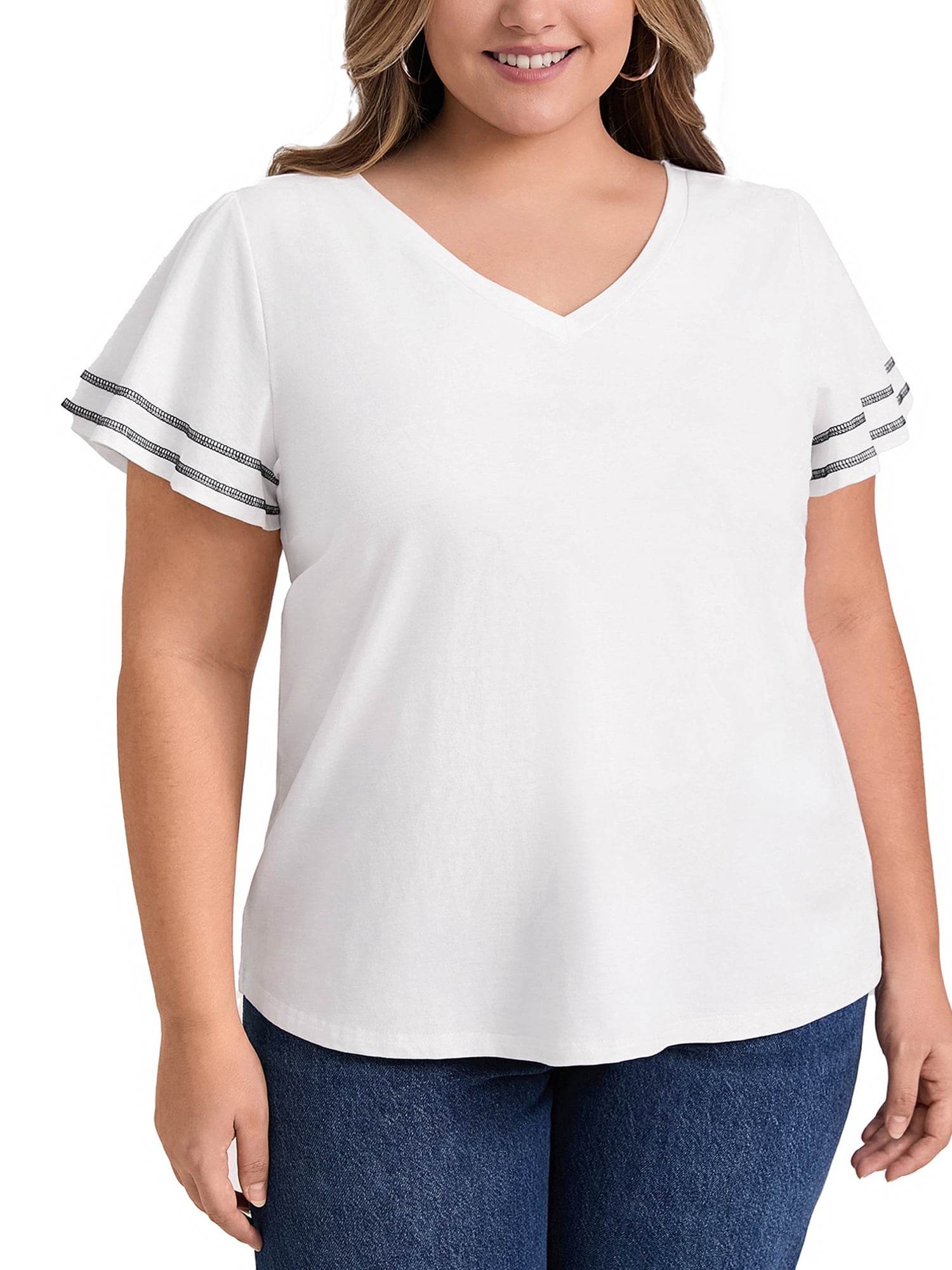 DARING DIVA Women's Plus Striped T Shirts Loose Fit Color Block Blouses 4X White