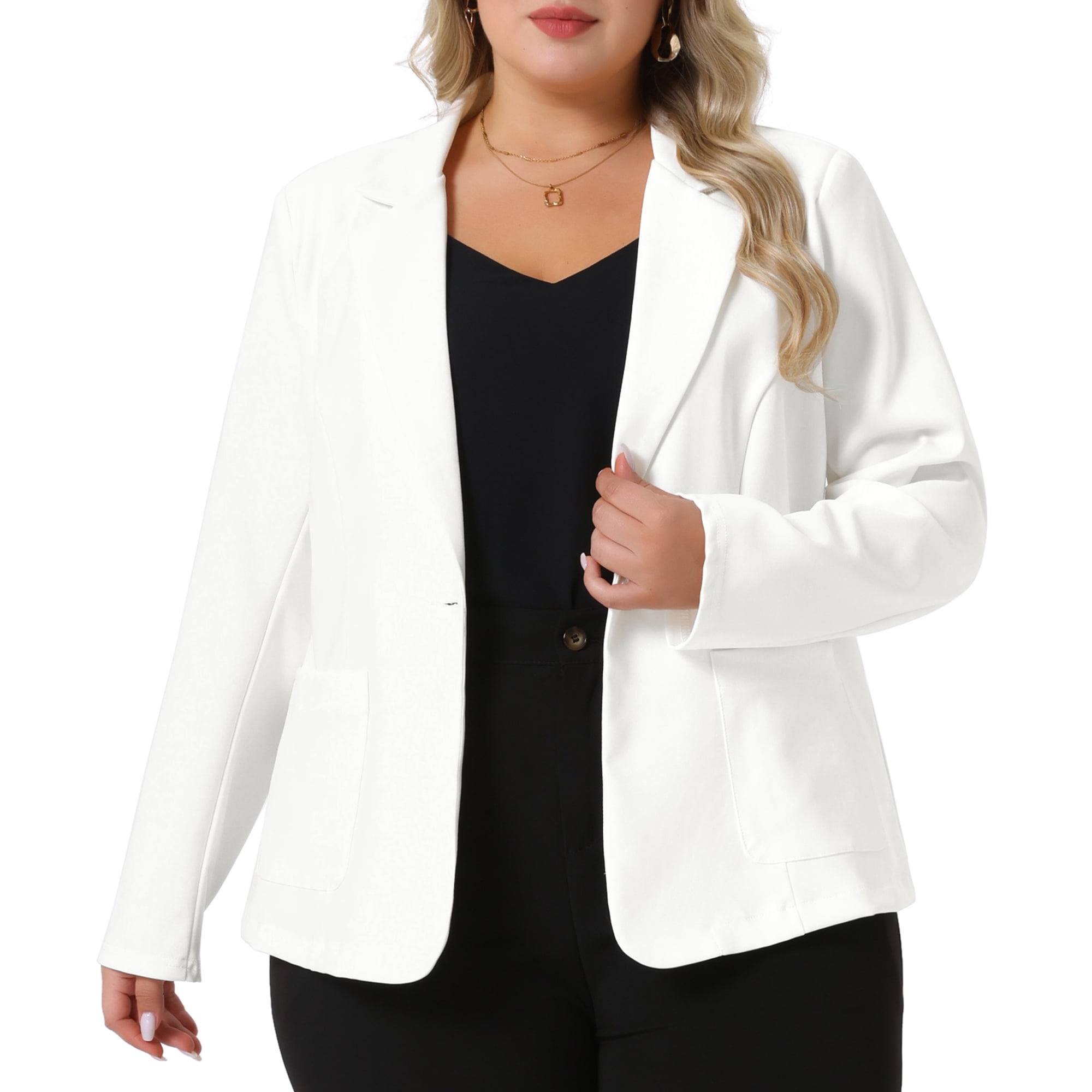 DARING DIVA Women's Plus Stylish Blazerwith Notch Lapel and Front Pockets White 1X