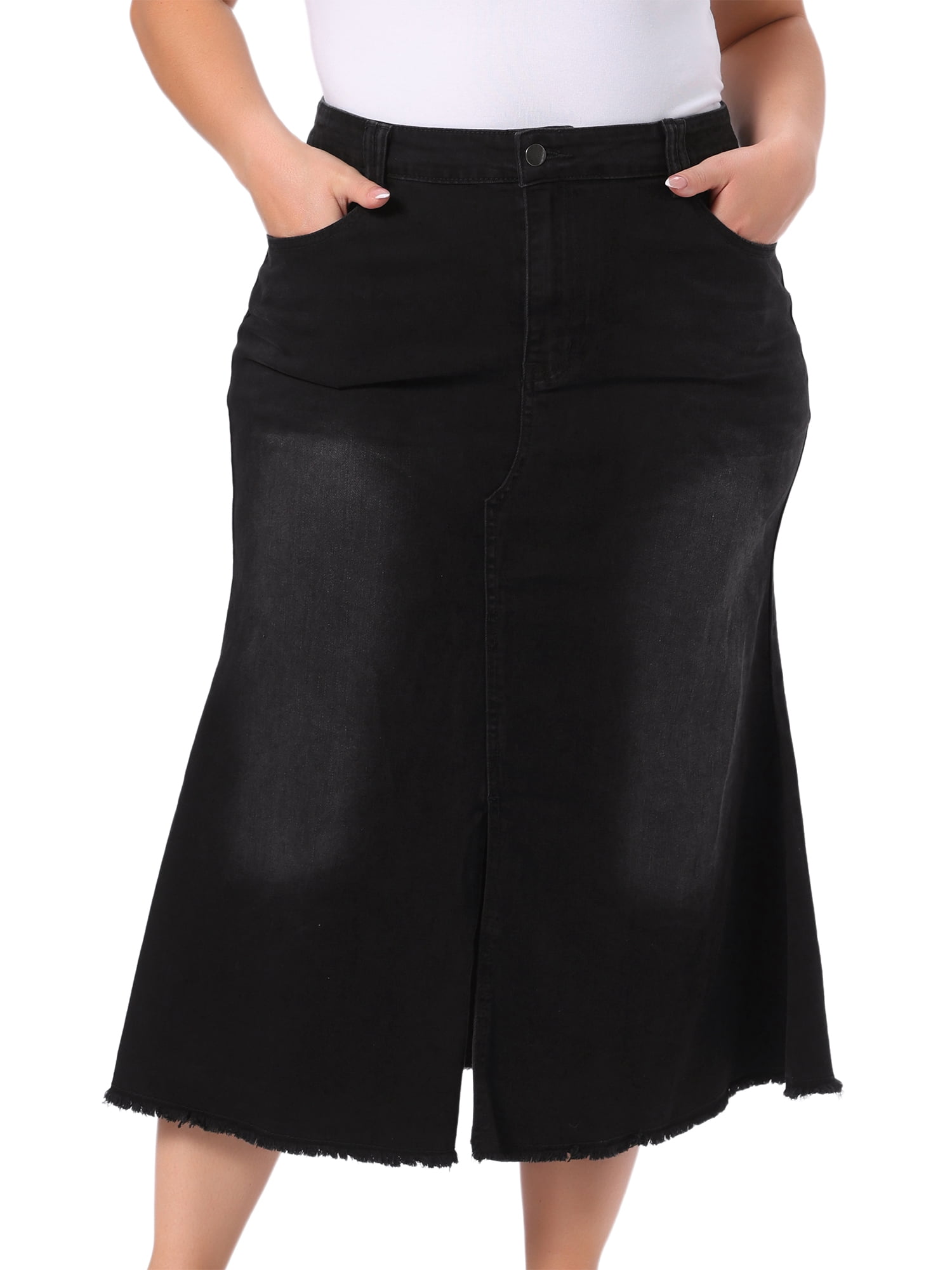 DARING DIVA Women's Plus Stylish Denim Fishtail Midi Jean Skirt with Pockets 2X Black