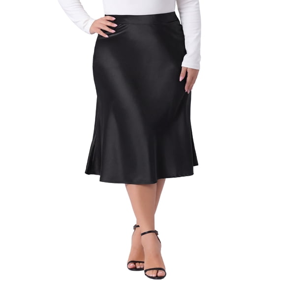DARING DIVA Women's Plus Stylish Silky Satin Casual Midi Skirt Flared A Line 2X Black