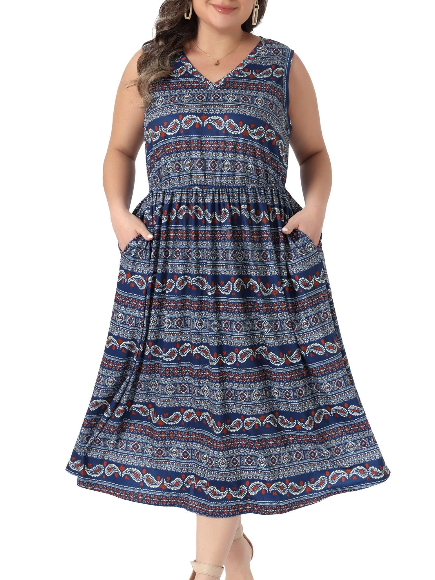 DARING DIVA Women's Plus Summer Boho V Neck Sleeveless Midi Dress 1X Navy Blue