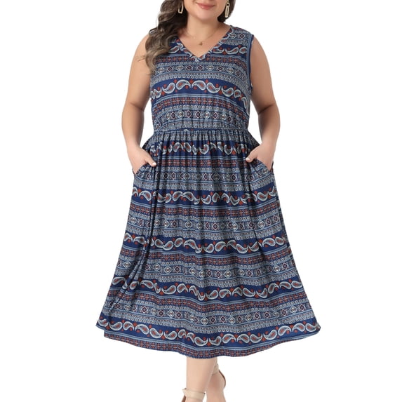 DARING DIVA Women's Plus Summer Boho V Neck Sleeveless Midi Dress 1X Navy Blue
