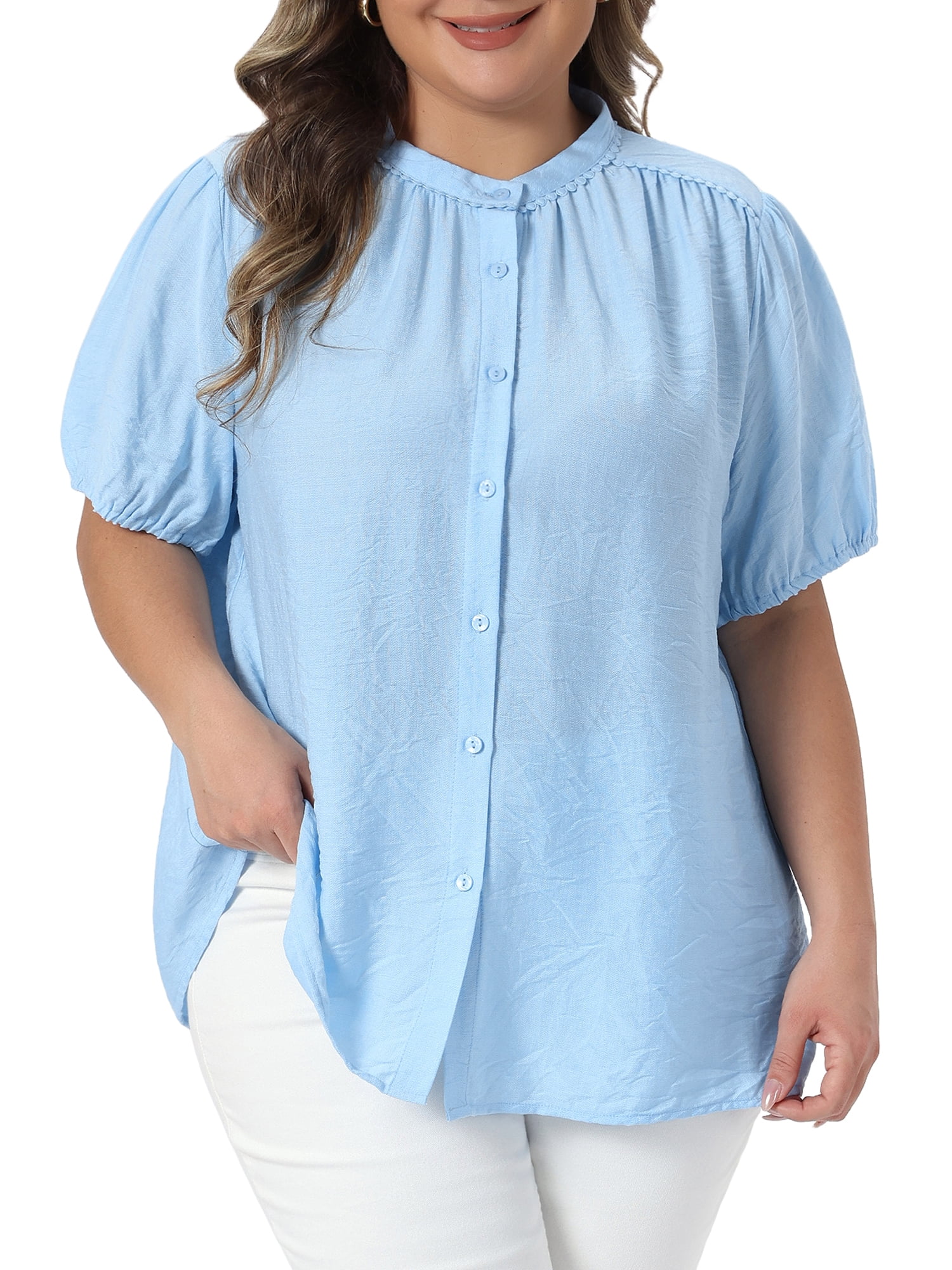 DARING DIVA Women's Plus Summer Button Down Puff Sleeve Blouses 3X Light Blue