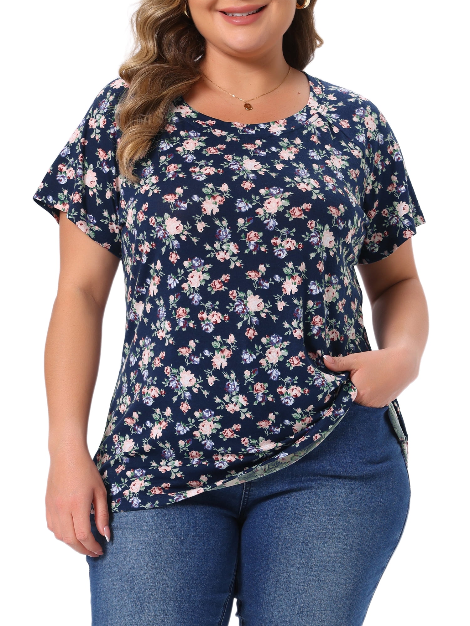 DARING DIVA Women's Plus Summer Casual Floral Top Blouse Round Neck Tee 2X Navy Blue