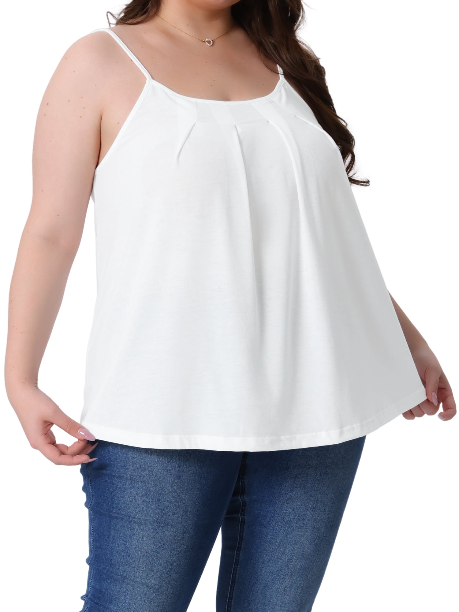 DARING DIVA Women's Plus Summer Crew Neck Tank Tops Pleated Sleeveless Cami 1X White