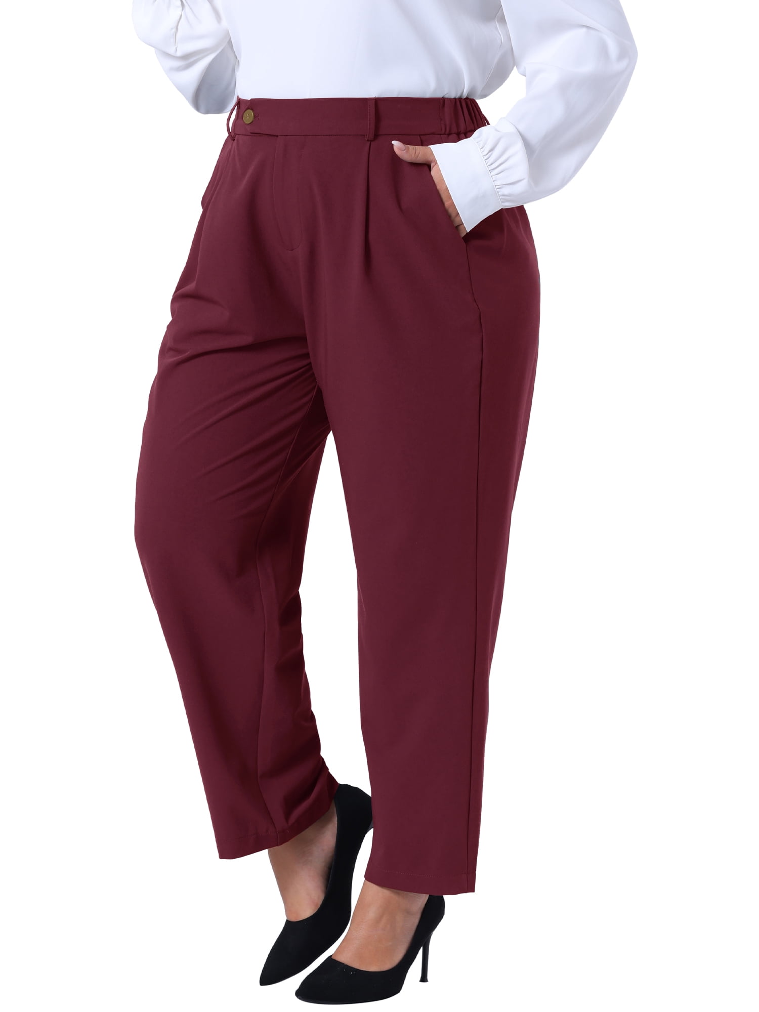 DARING DIVA Women's Plus Summer Elastic High Waisted Long Straight Pants 3X Burgundy