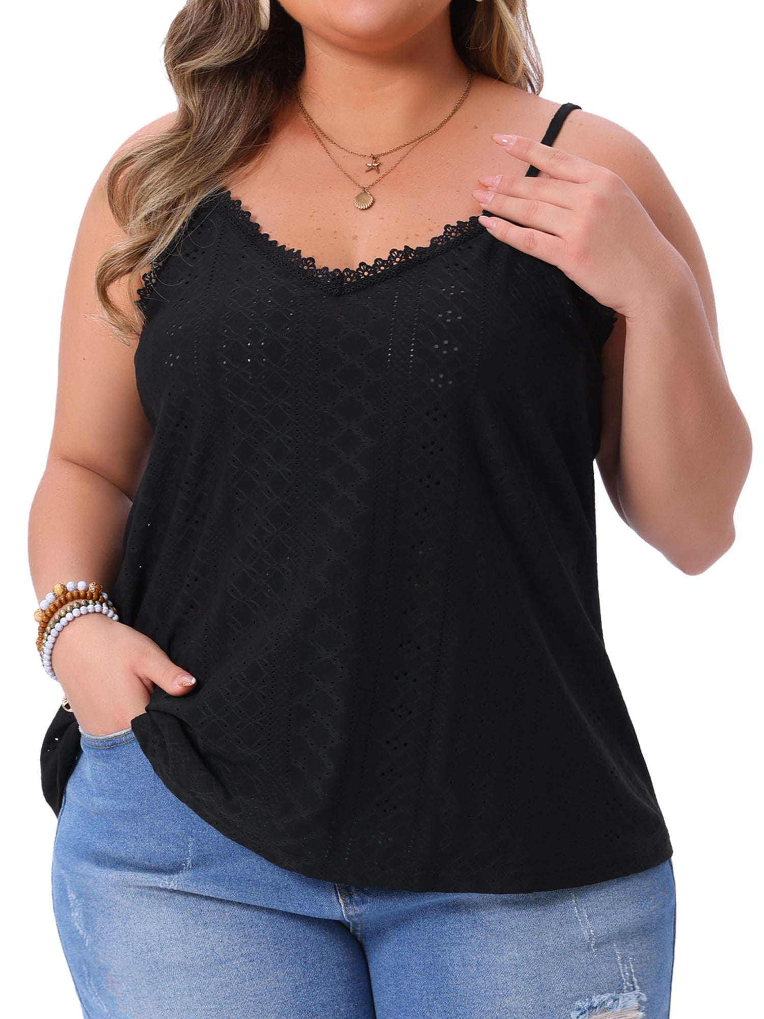 DARING DIVA Women's Plus Summer Eyelet Cami V Neck Casual Sleeveless Top 1X Black