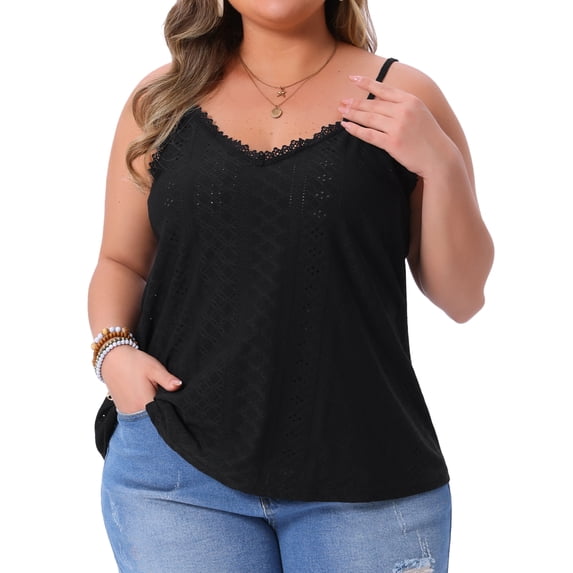 DARING DIVA Women's Plus Summer Eyelet Cami V Neck Casual Sleeveless Top 3X Black