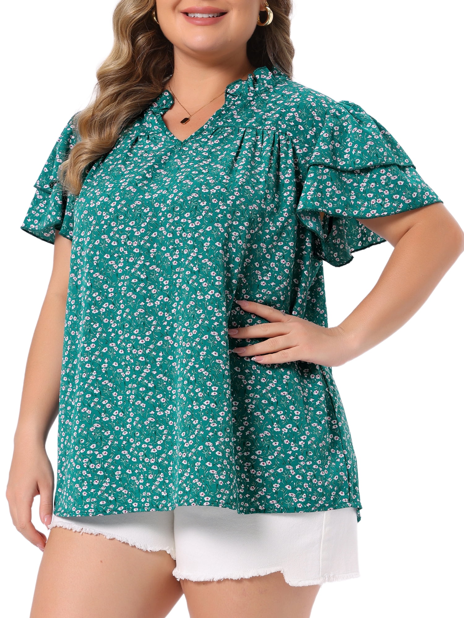 DARING DIVA Women's Plus Summer Ruffle V Neck Double Short Tops 2X Green