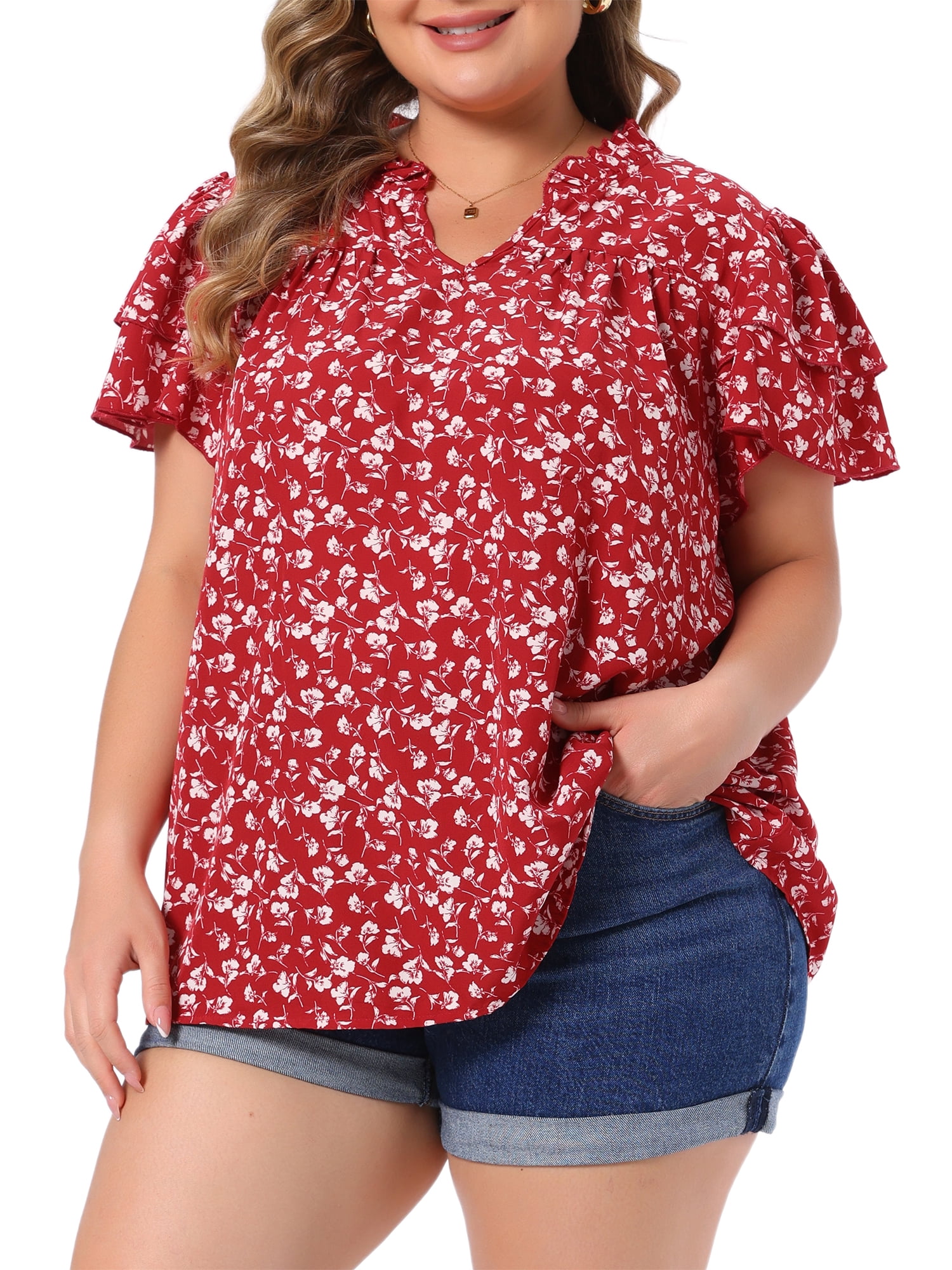DARING DIVA Women's Plus Summer Ruffle V Neck Double Short Tops 2X Red