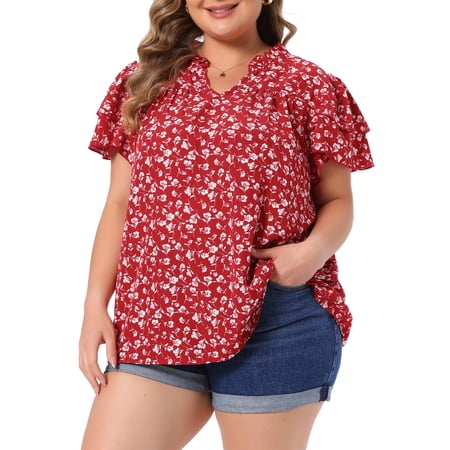 DARING DIVA Women's Plus Summer Ruffle V Neck Double Short Tops 2X Red