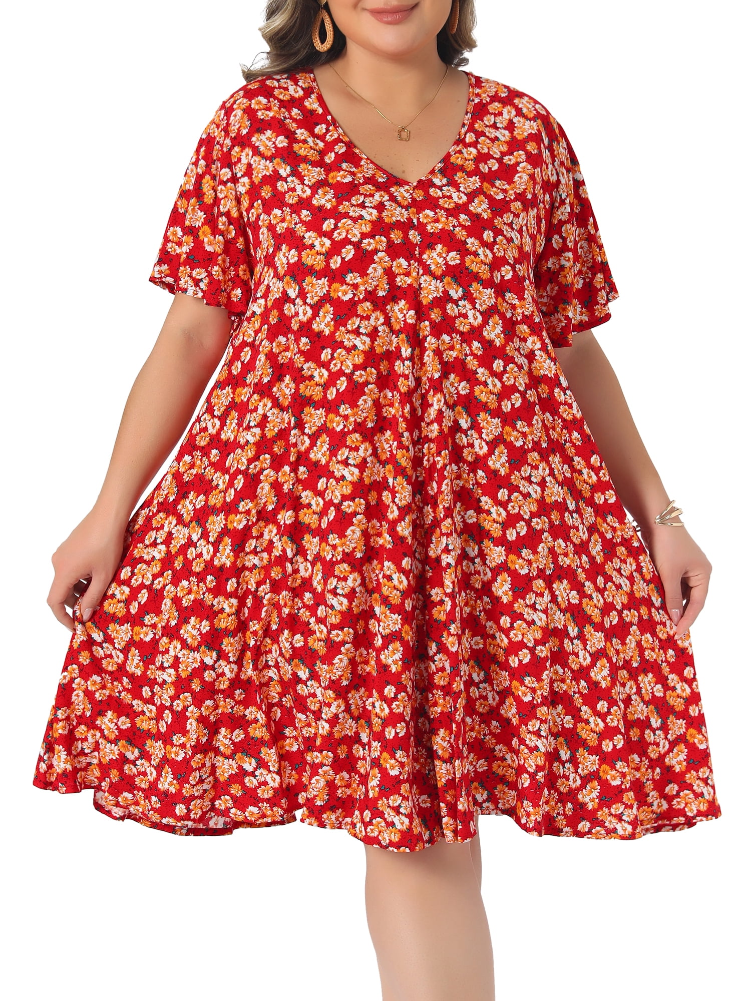 DARING DIVA Women's Plus Summer Short Sleeve V Neck Dress 1X Red