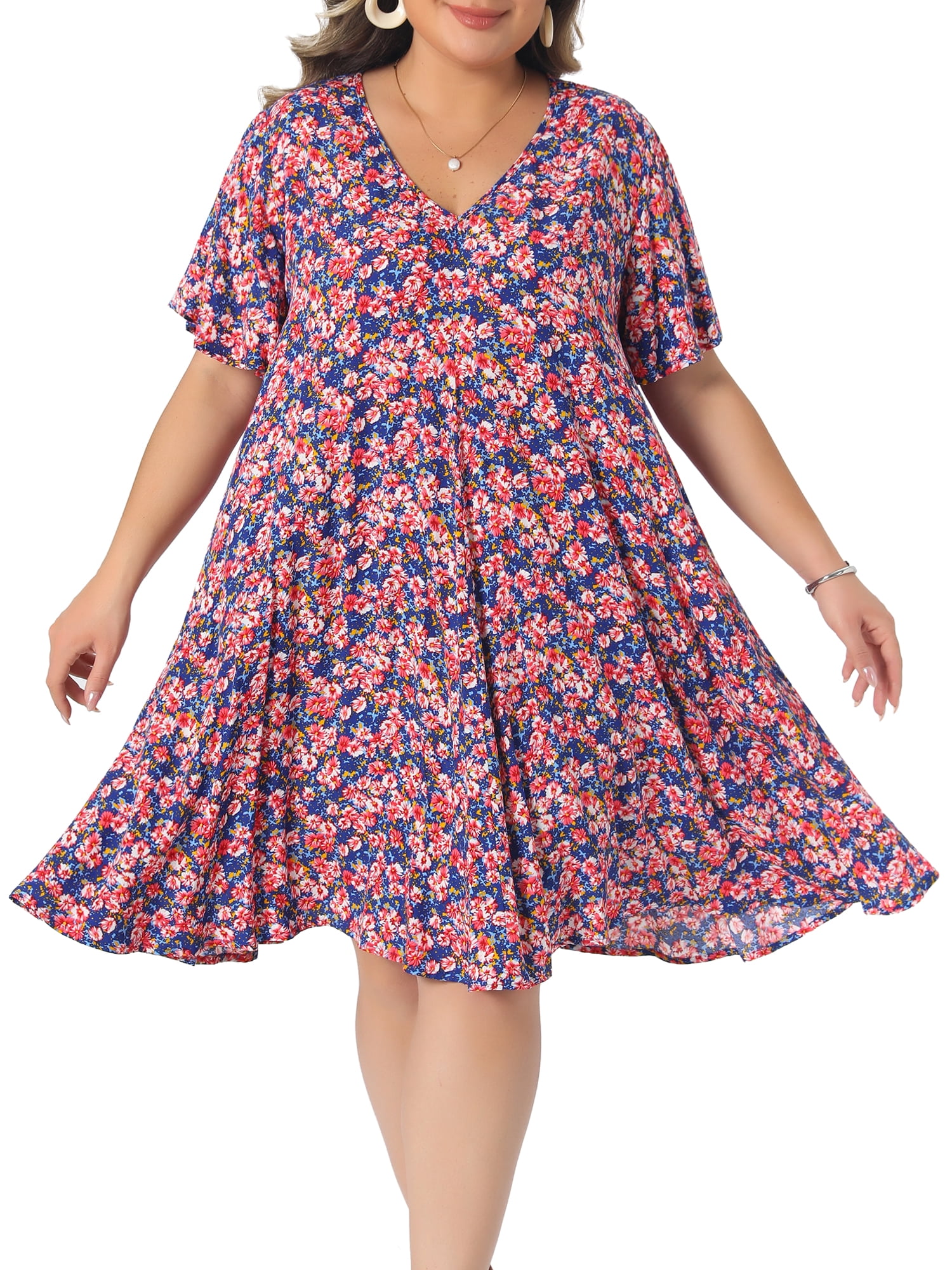 DARING DIVA Women's Plus Summer Short Sleeve V Neck Dress 2X Pink Blue