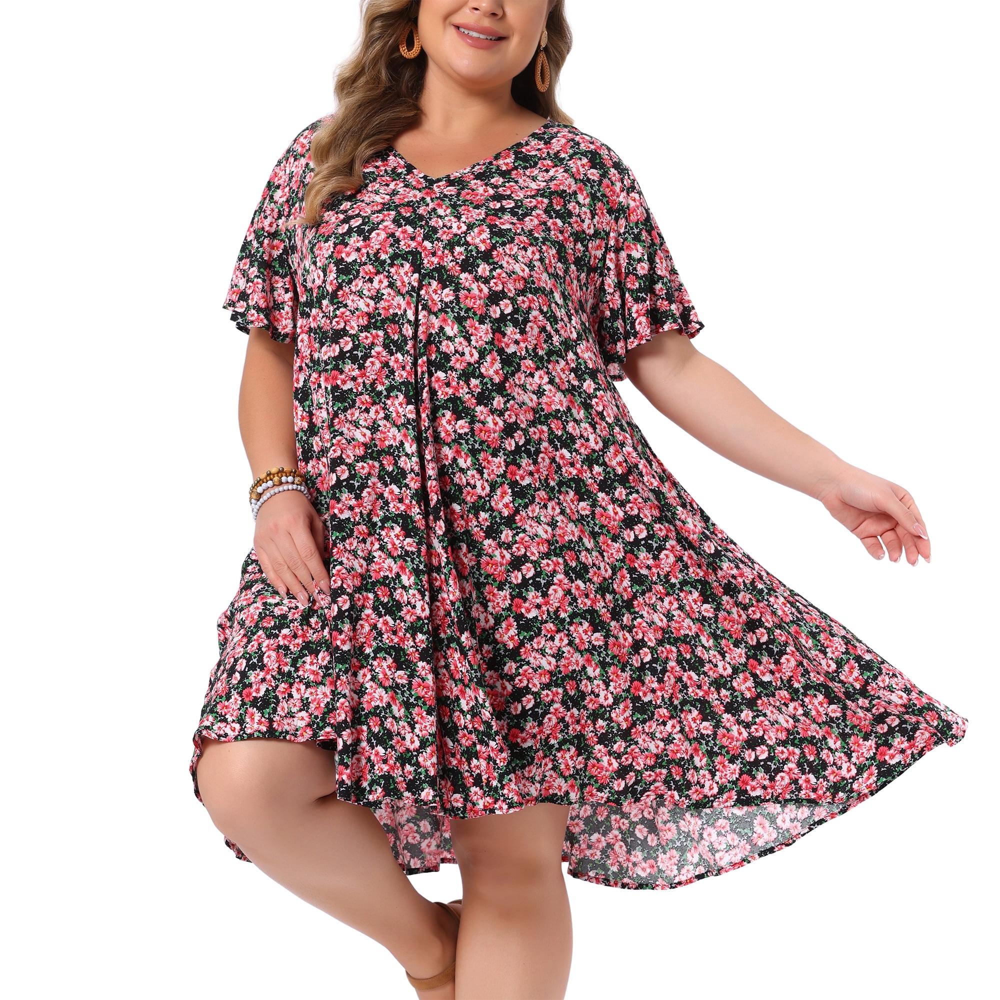 DARING DIVA Women's Plus Summer Short Sleeve V Neck Dress 4X Black