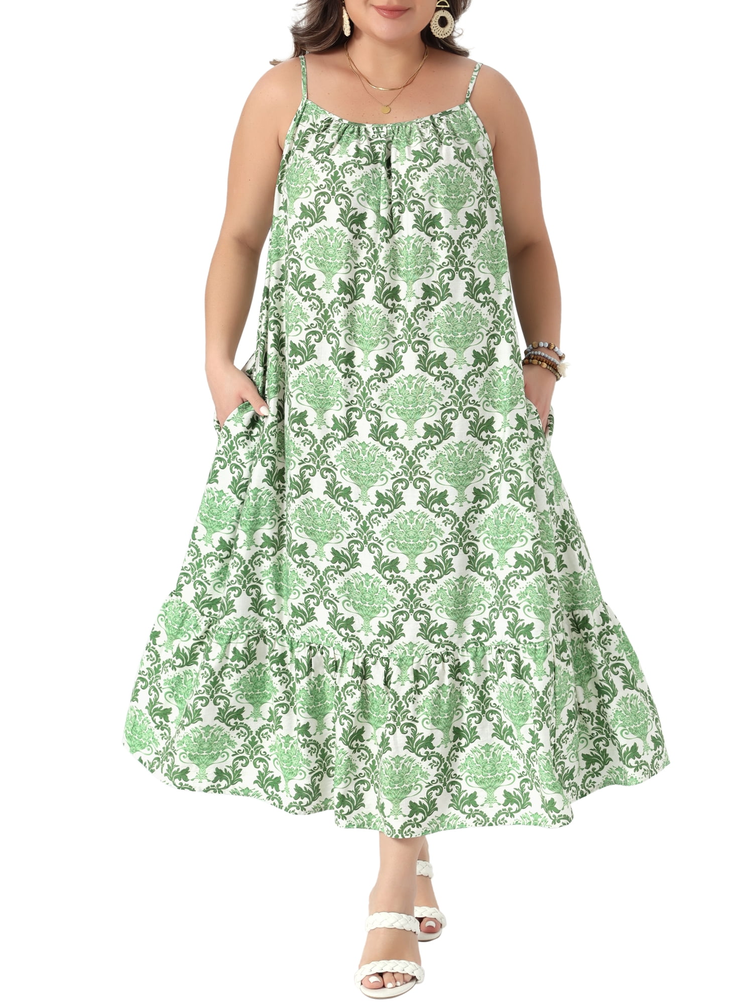 DARING DIVA Women's Plus Summer Spaghetti Strap Boho Print Midi Dress 1X Green
